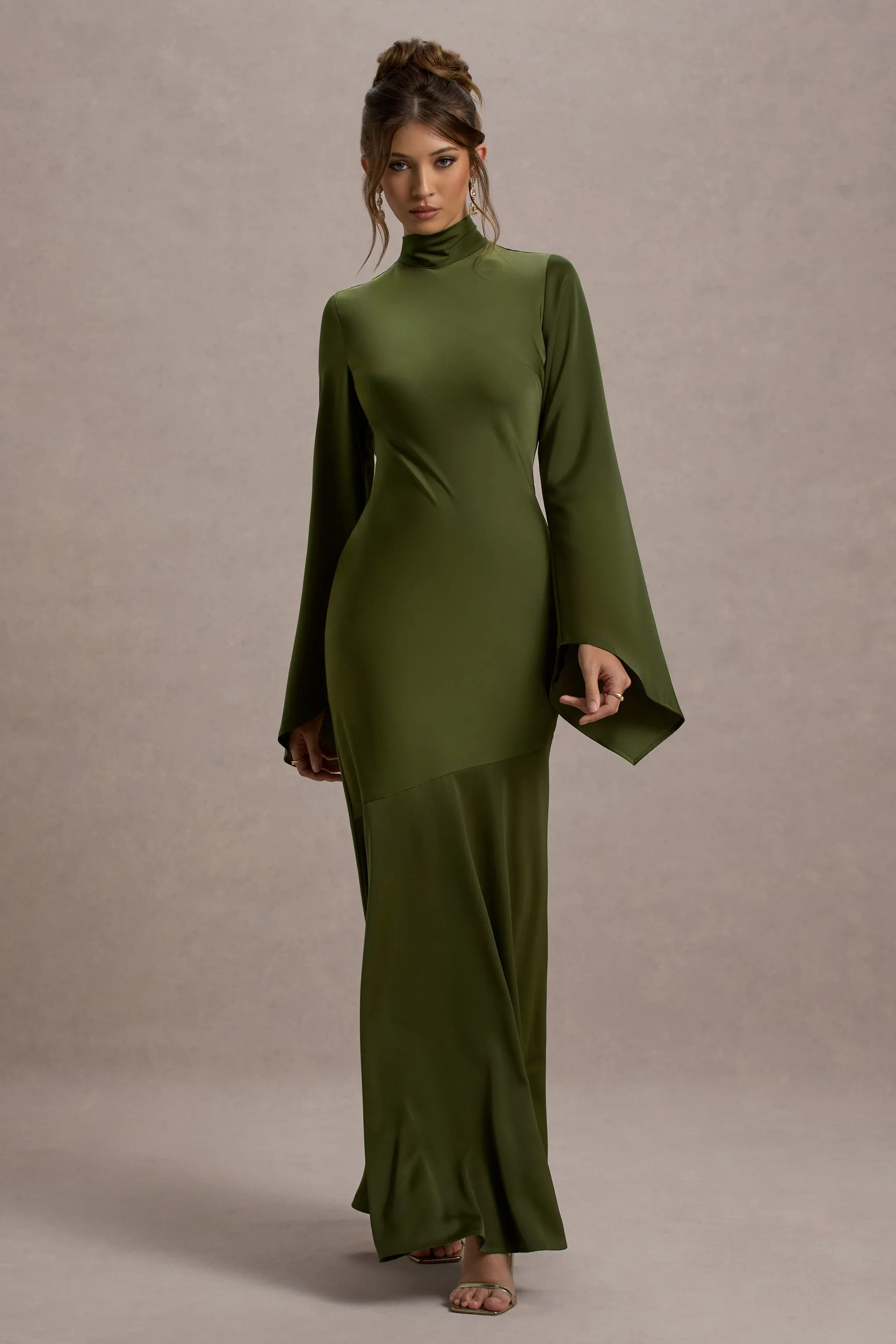 Veena | Olive Green Satin High-Neck Maxi Dress Club L London