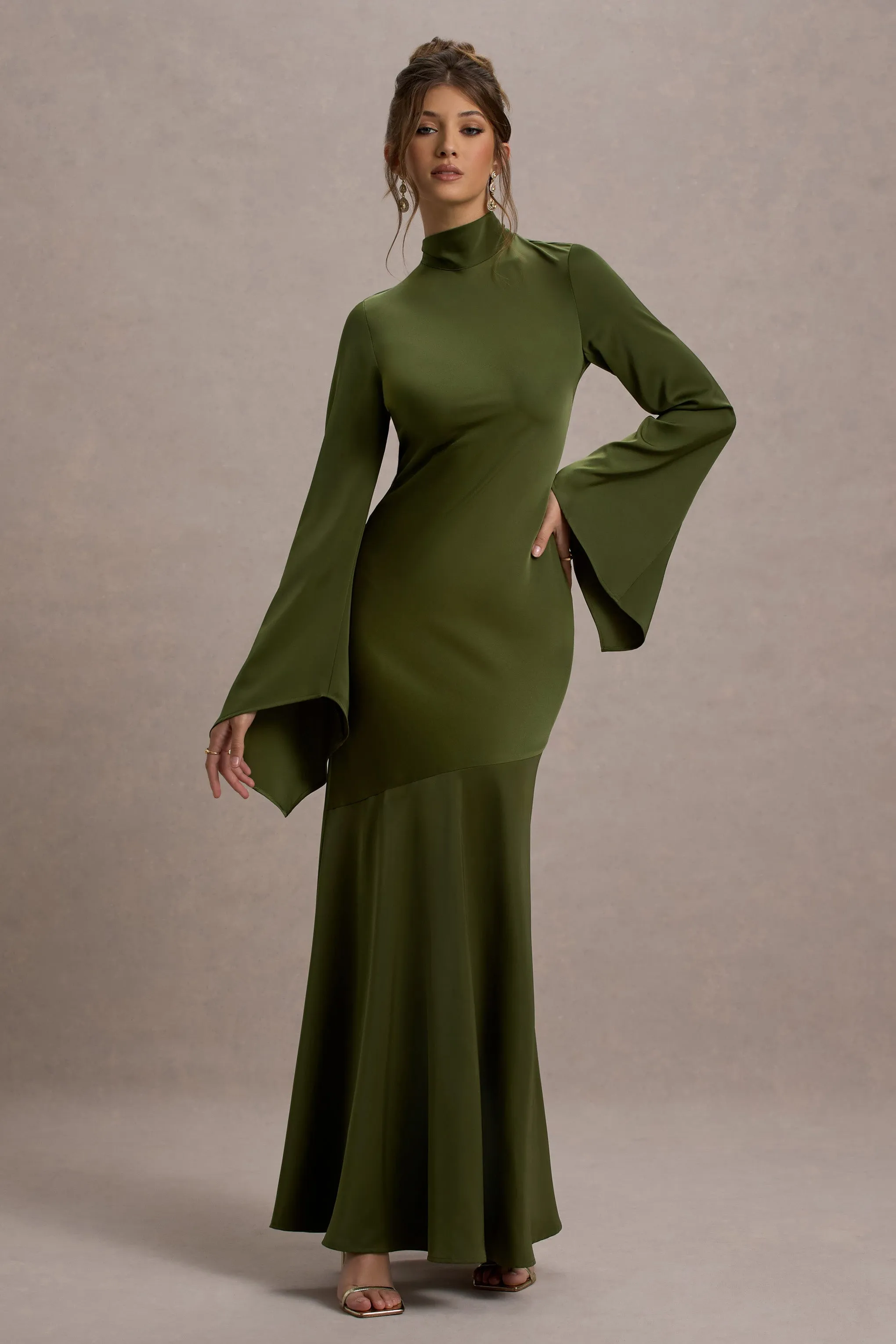 Veena | Olive Green Satin High-Neck Maxi Dress Club L London