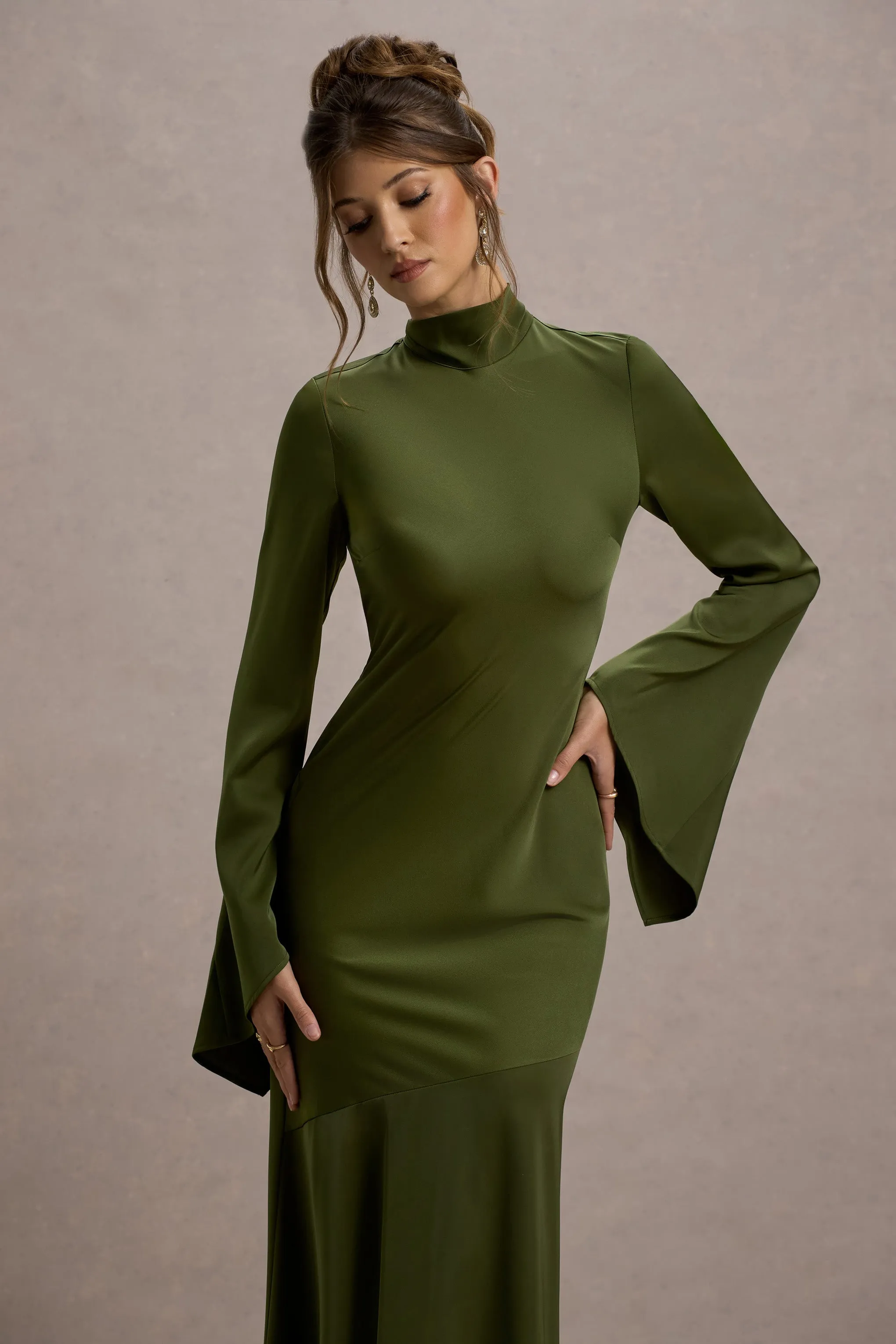 Veena | Olive Green Satin High-Neck Maxi Dress Club L London