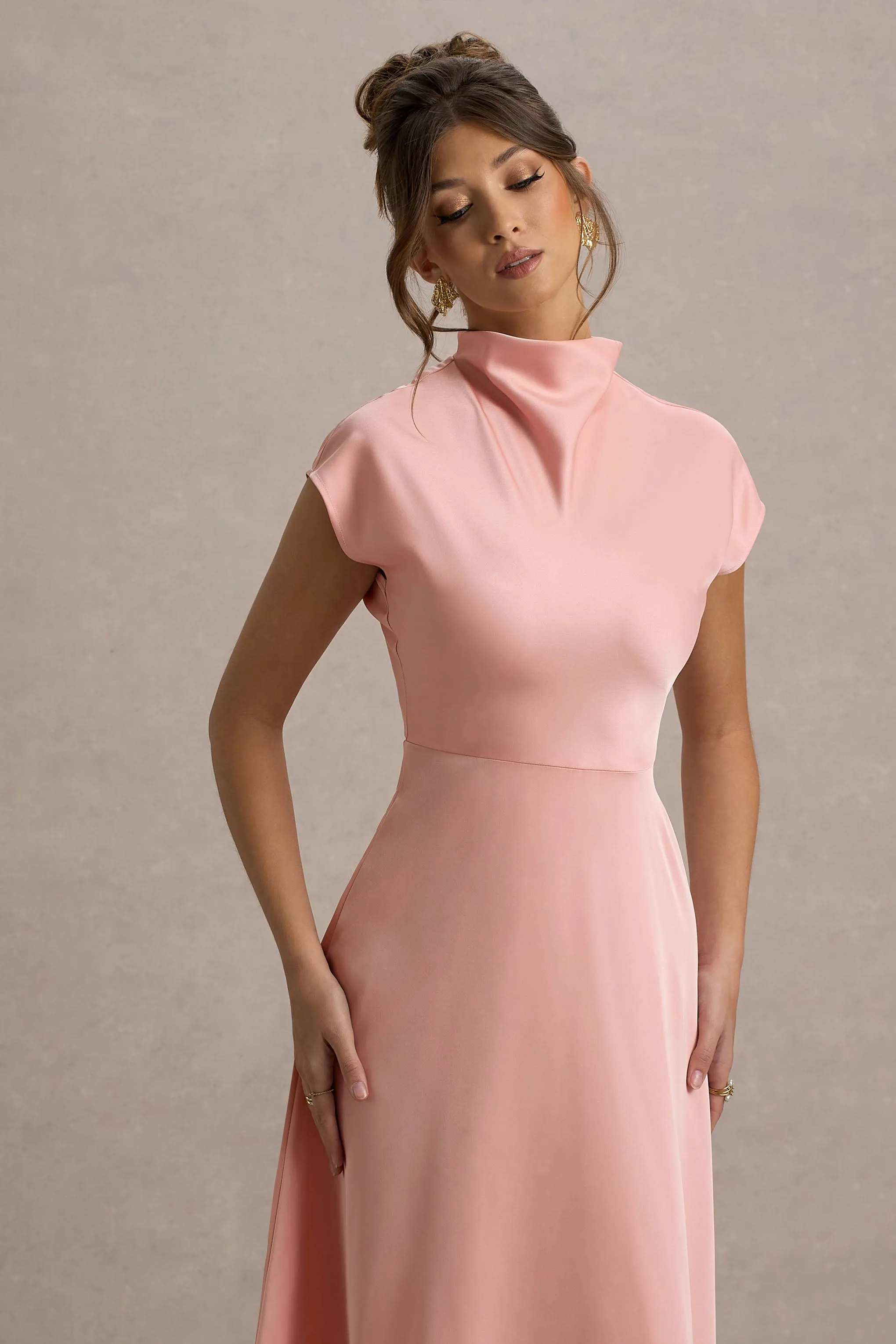 Velma | Light Pink Satin Midi Dress With Draped Hem Club L London