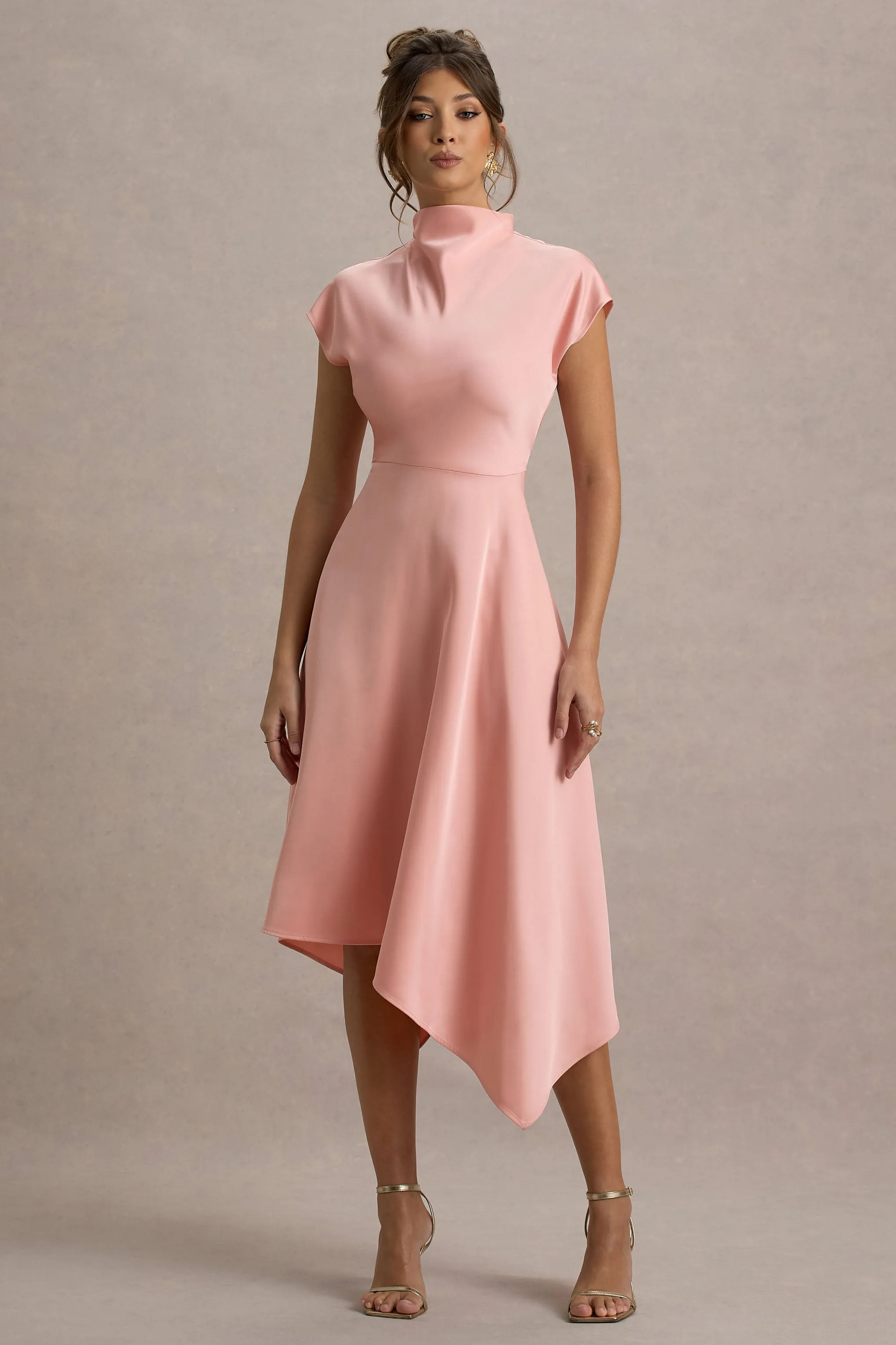 Velma | Light Pink Satin Midi Dress With Draped Hem Club L London