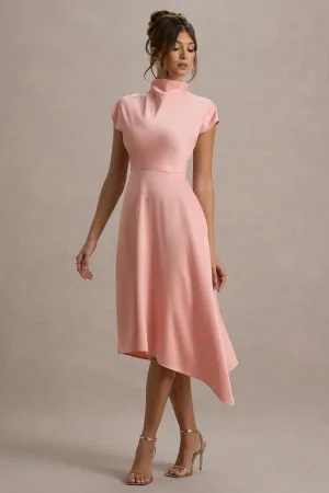 Velma | Light Pink Satin Midi Dress With Draped Hem Club L London