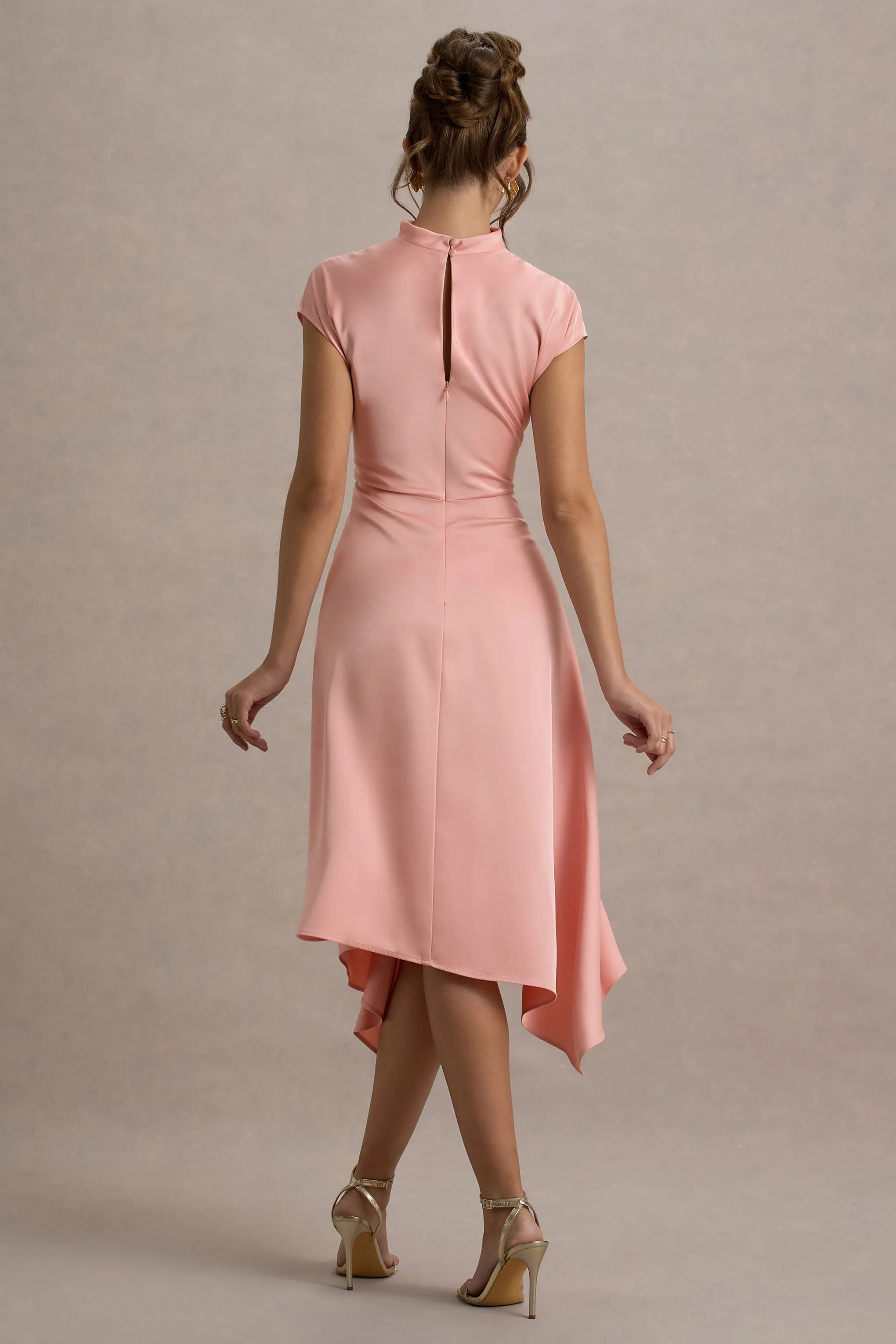 Velma | Light Pink Satin Midi Dress With Draped Hem Club L London