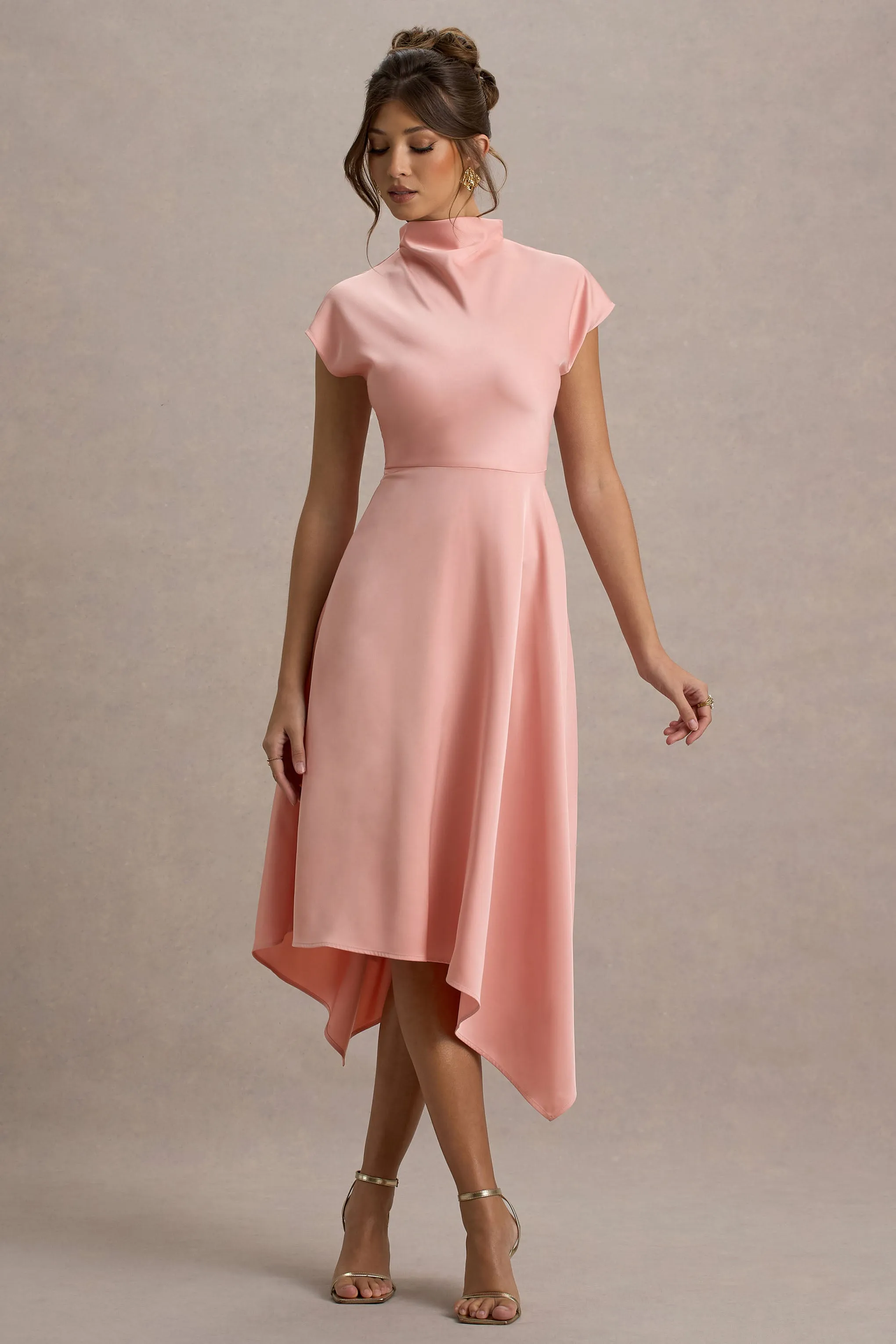 Velma | Light Pink Satin Midi Dress With Draped Hem Club L London