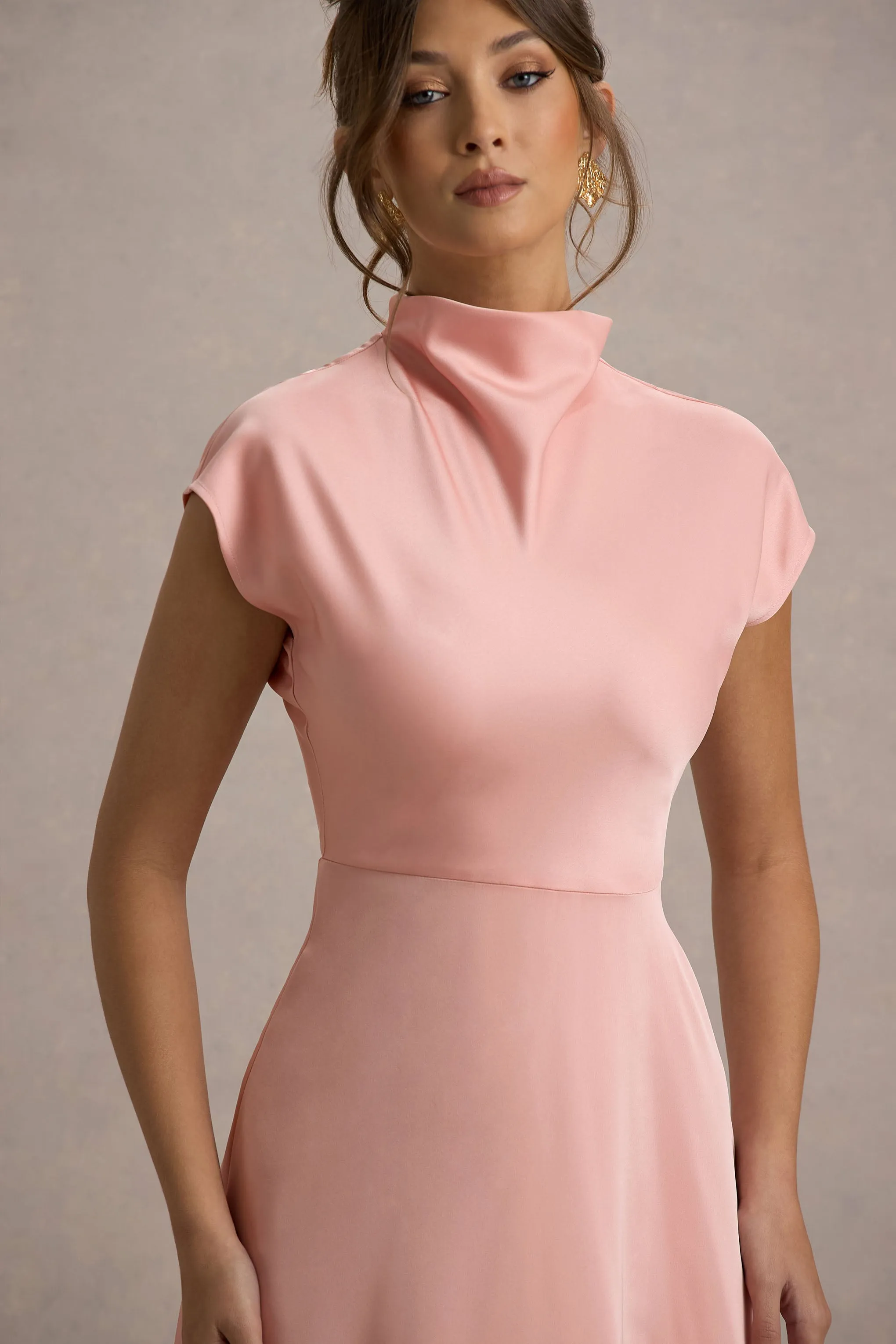 Velma | Light Pink Satin Midi Dress With Draped Hem Club L London