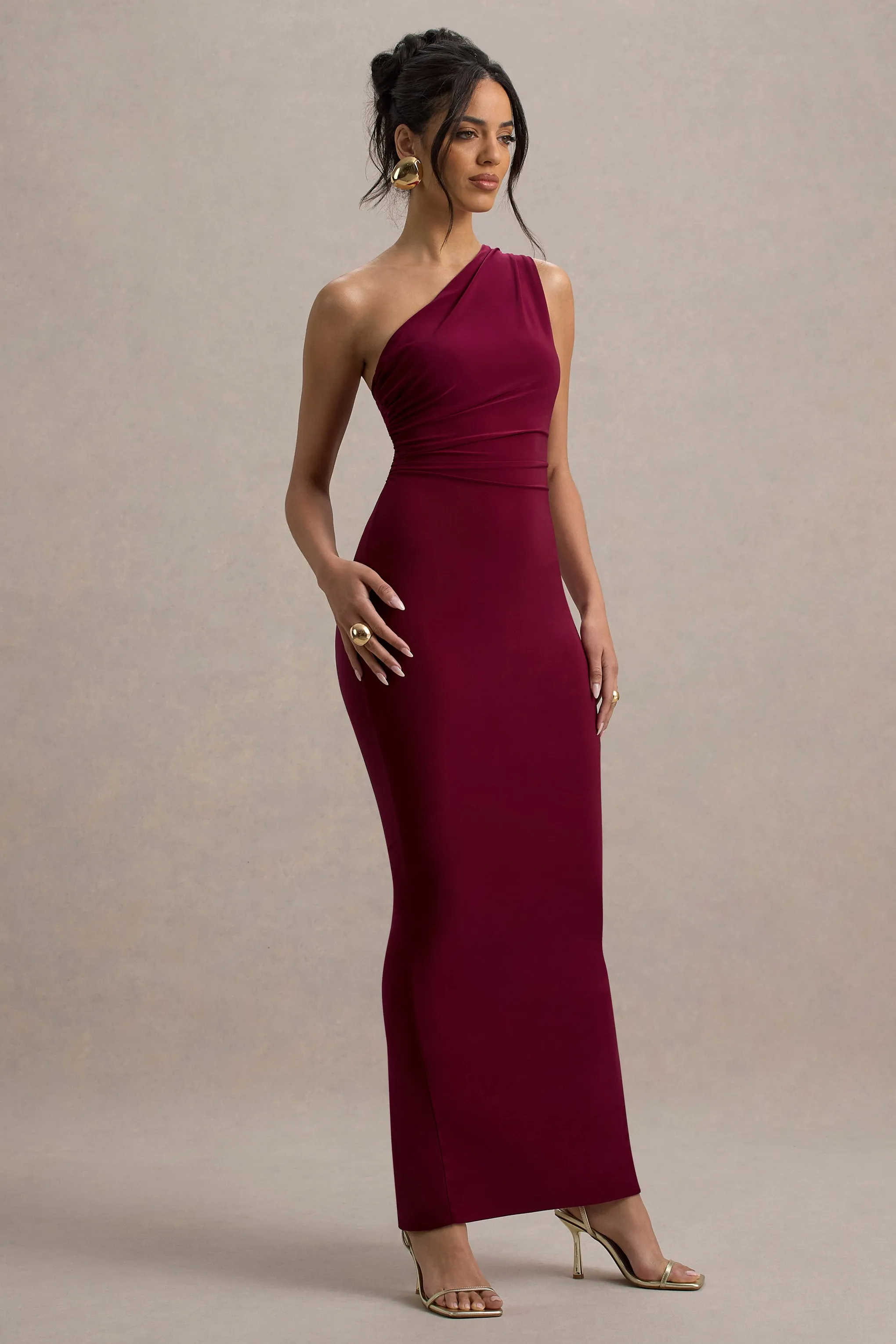 Venetia | Burgundy One-Shoulder Tie-Back Maxi Dress Club L London