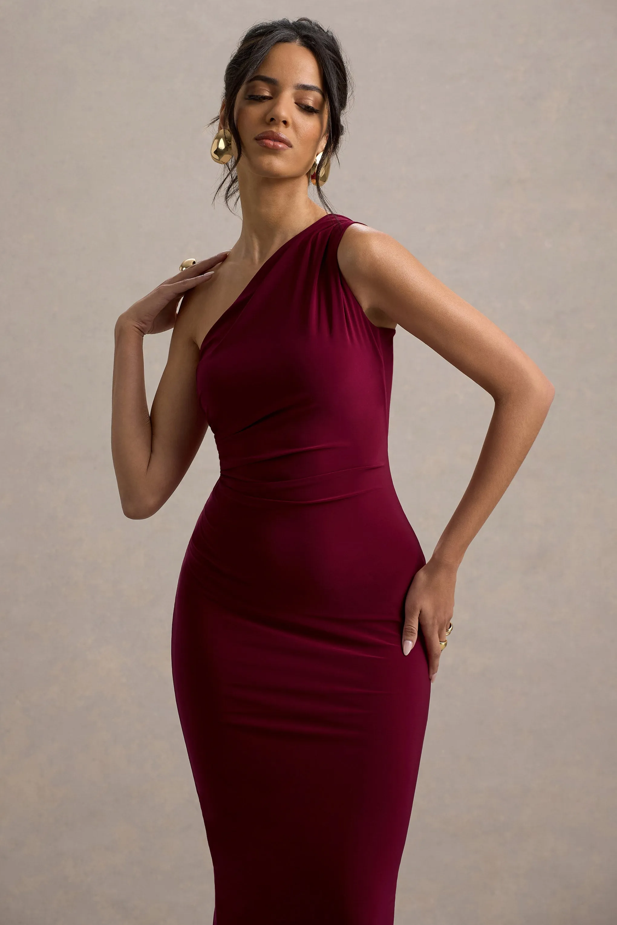 Venetia | Burgundy One-Shoulder Tie-Back Maxi Dress Club L London