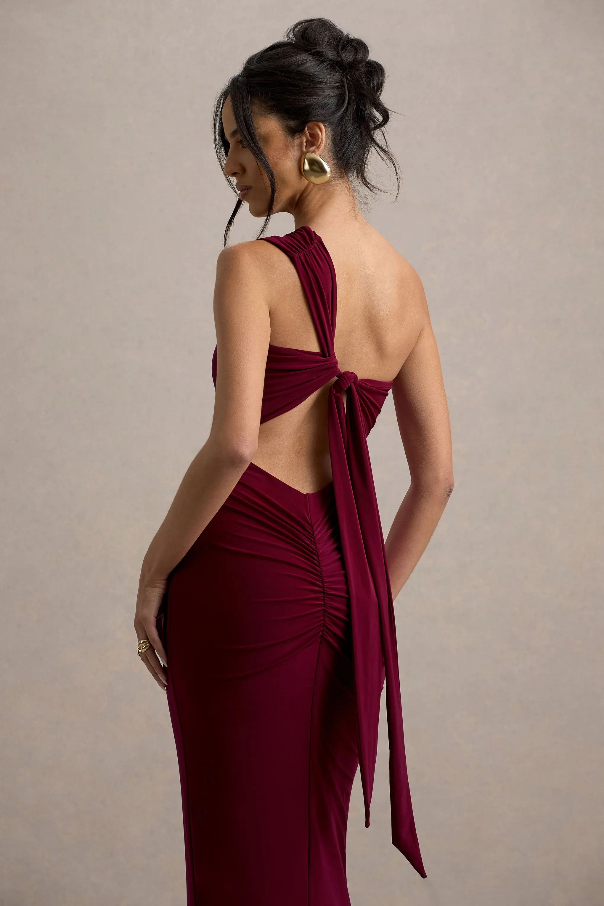Venetia | Burgundy One-Shoulder Tie-Back Maxi Dress Club L London