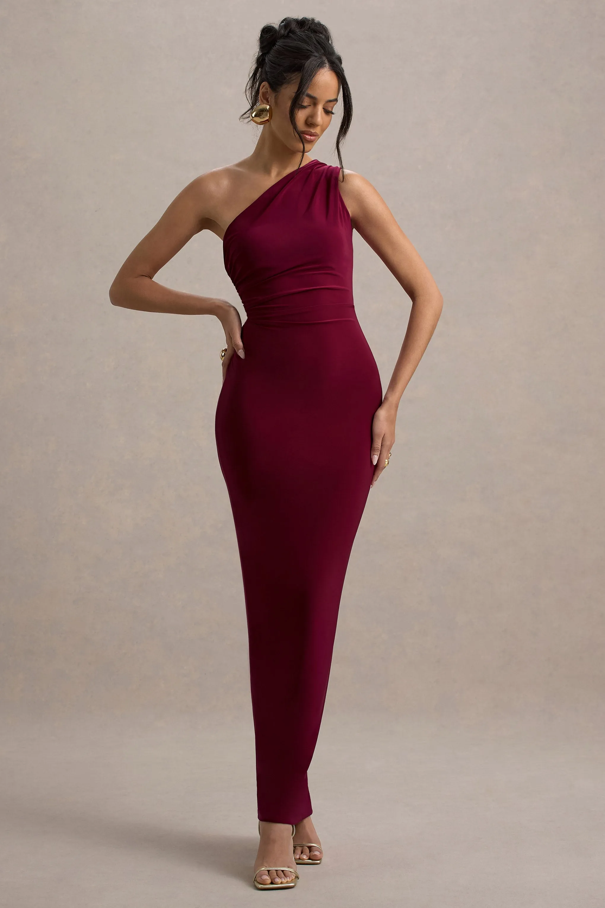 Venetia | Burgundy One-Shoulder Tie-Back Maxi Dress Club L London
