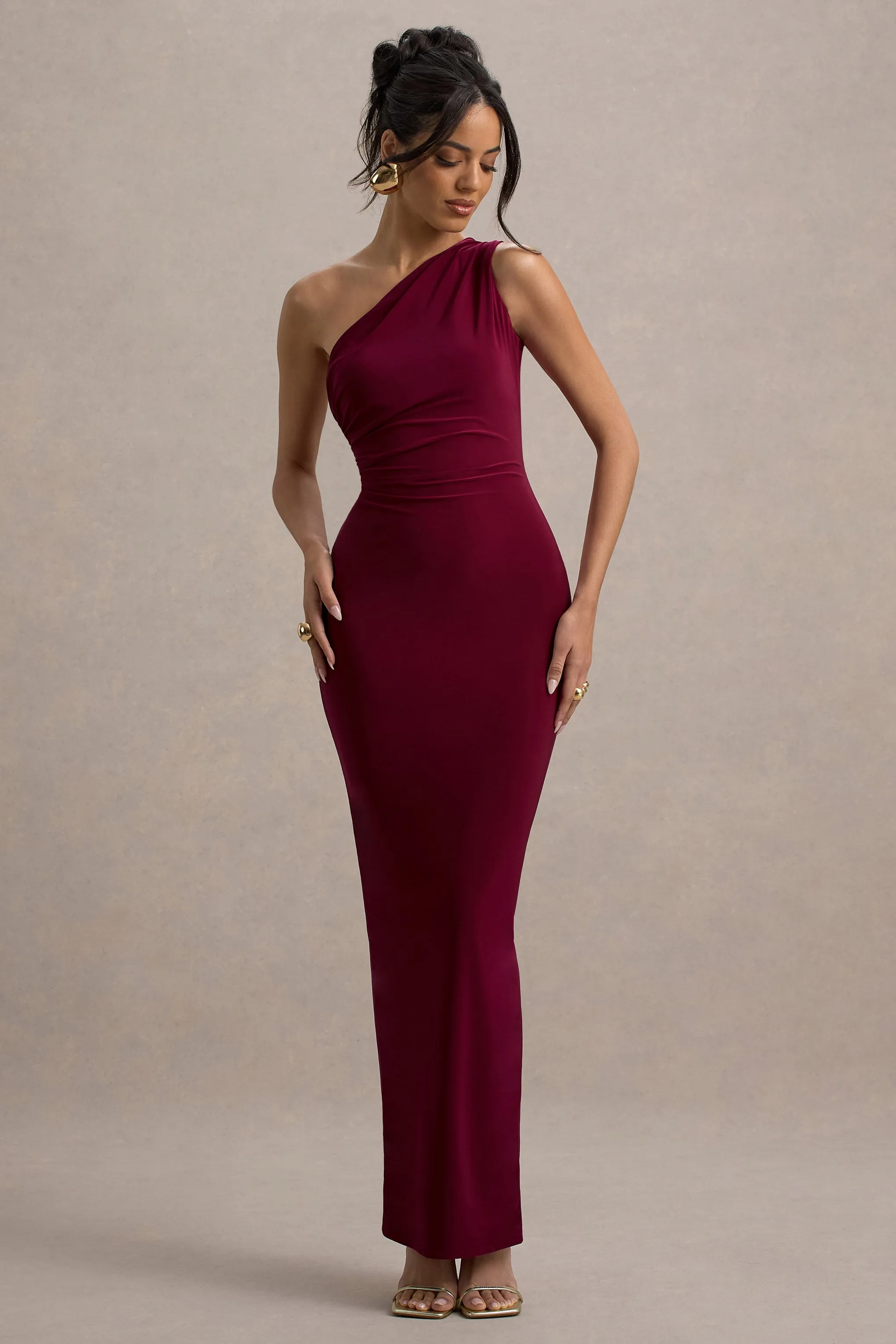 Venetia | Burgundy One-Shoulder Tie-Back Maxi Dress Club L London