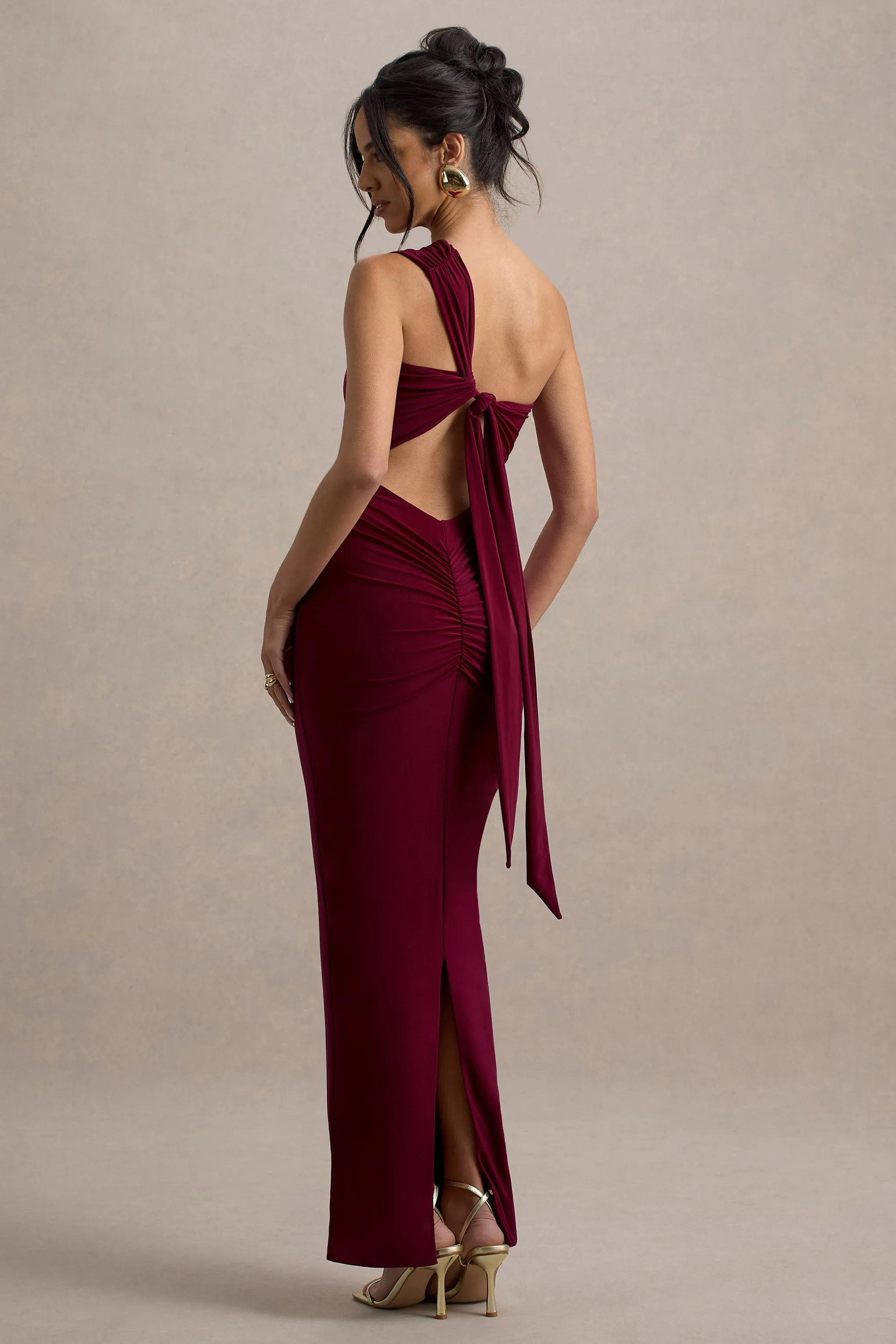 Venetia | Burgundy One-Shoulder Tie-Back Maxi Dress Club L London