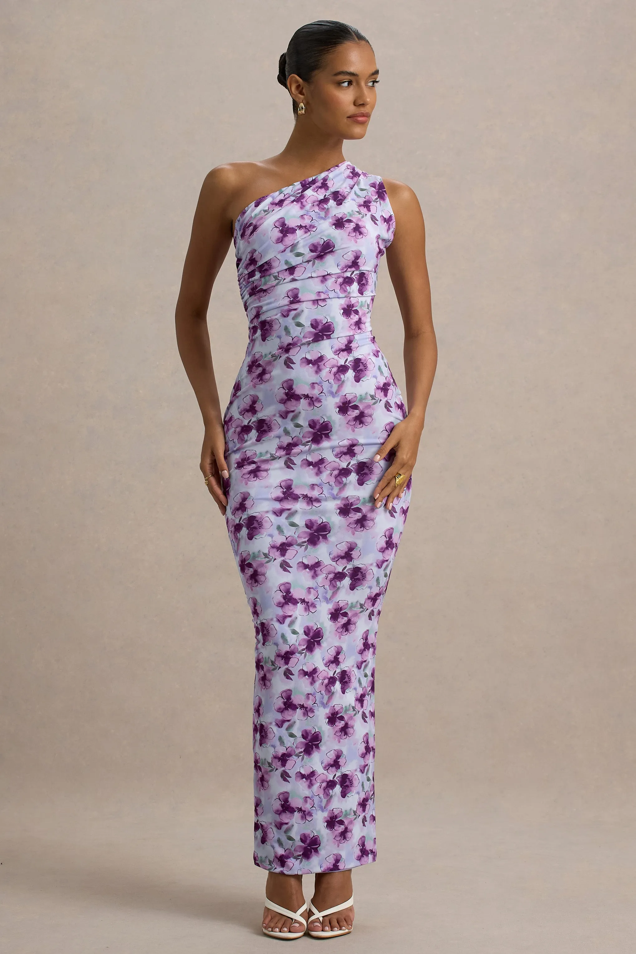 Venetia | Purple Floral Print One-Shoulder Tie-Back Maxi Dress Club L London