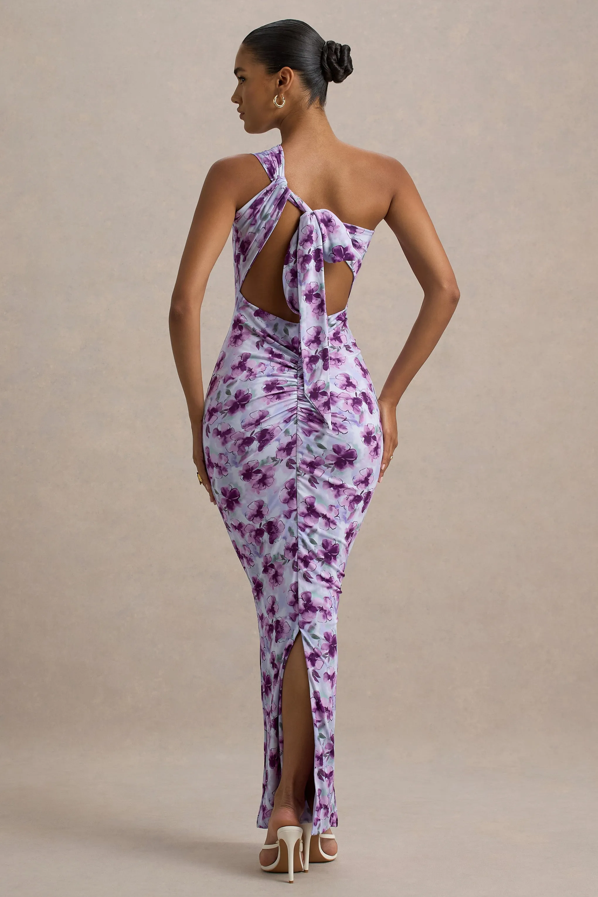 Venetia | Purple Floral Print One-Shoulder Tie-Back Maxi Dress Club L London
