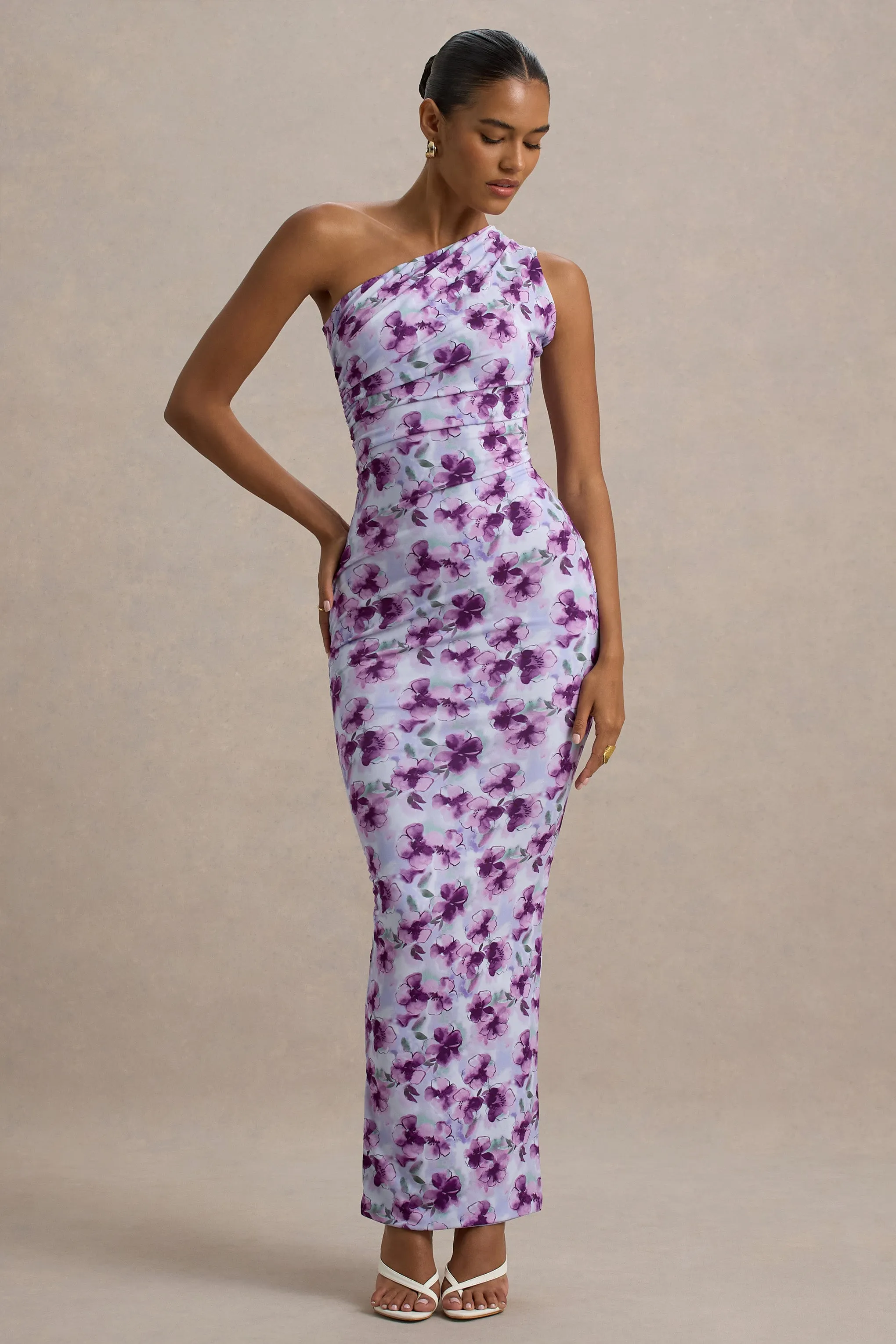 Venetia | Purple Floral Print One-Shoulder Tie-Back Maxi Dress Club L London