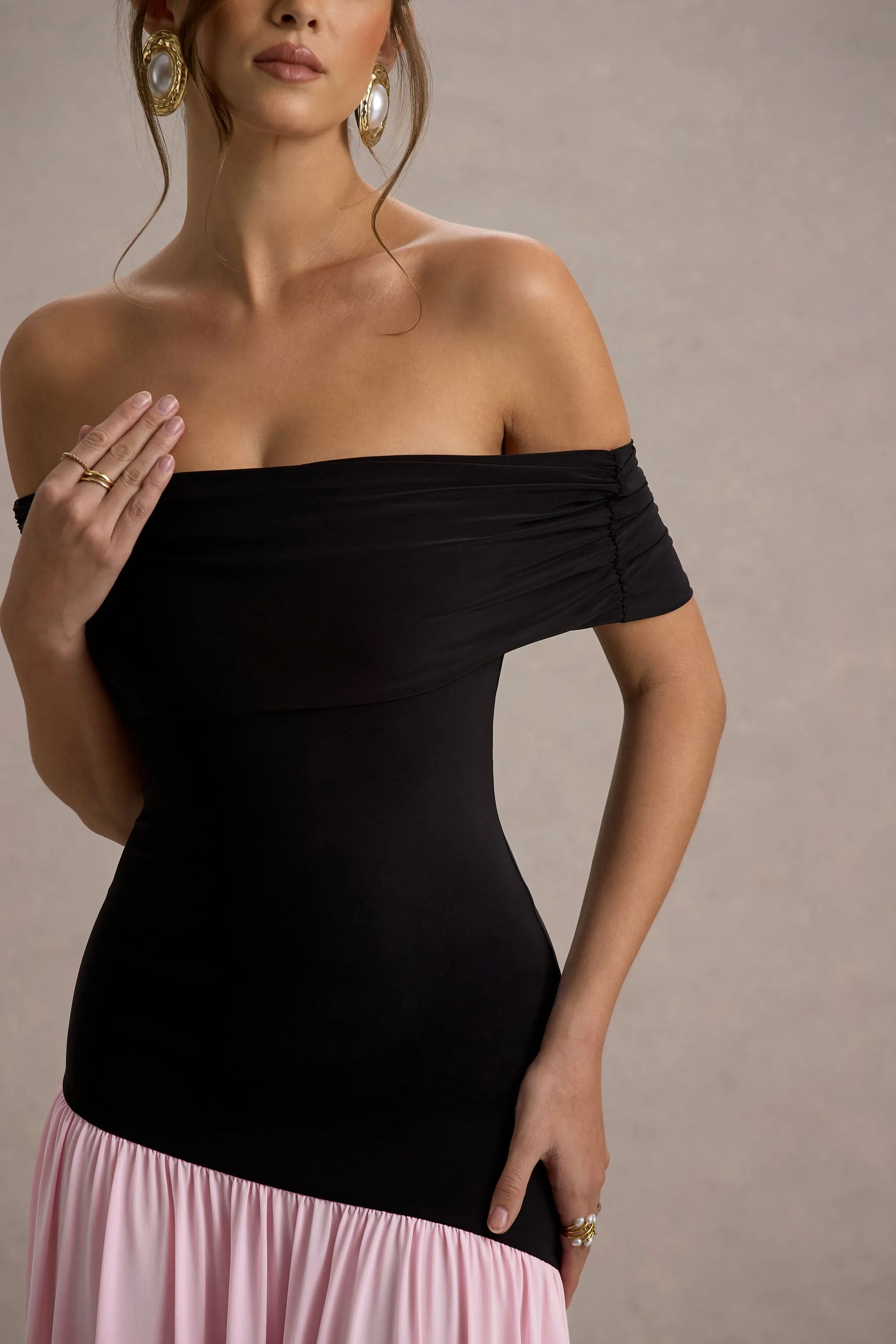Venezia | Black & Pink Bardot Puff-Skirt Maxi Dress Club L London