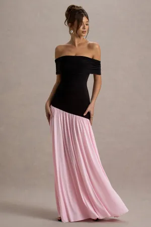 Venezia | Black & Pink Bardot Puff-Skirt Maxi Dress Club L London