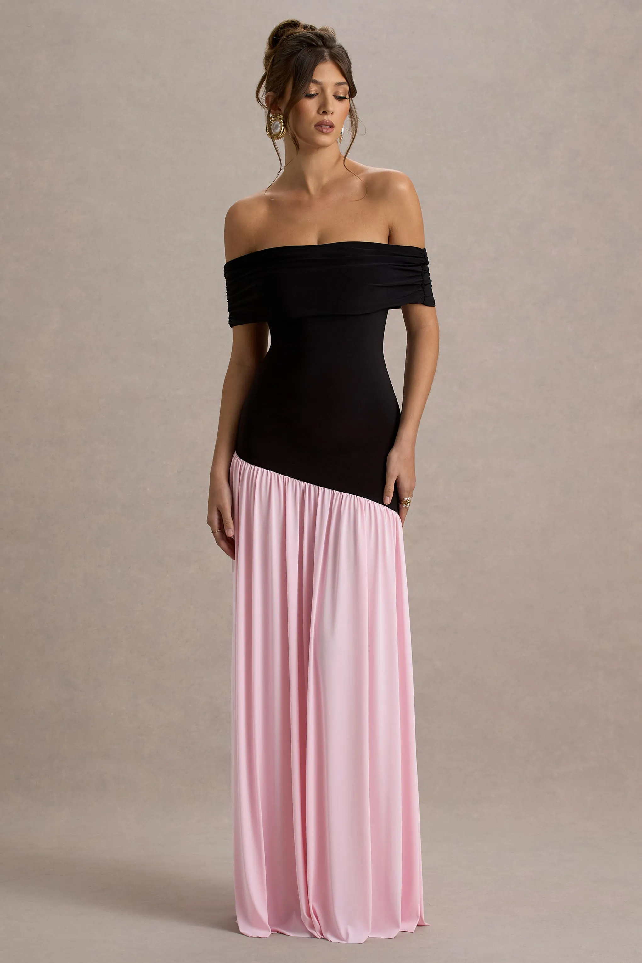 Venezia | Black & Pink Bardot Puff-Skirt Maxi Dress Club L London