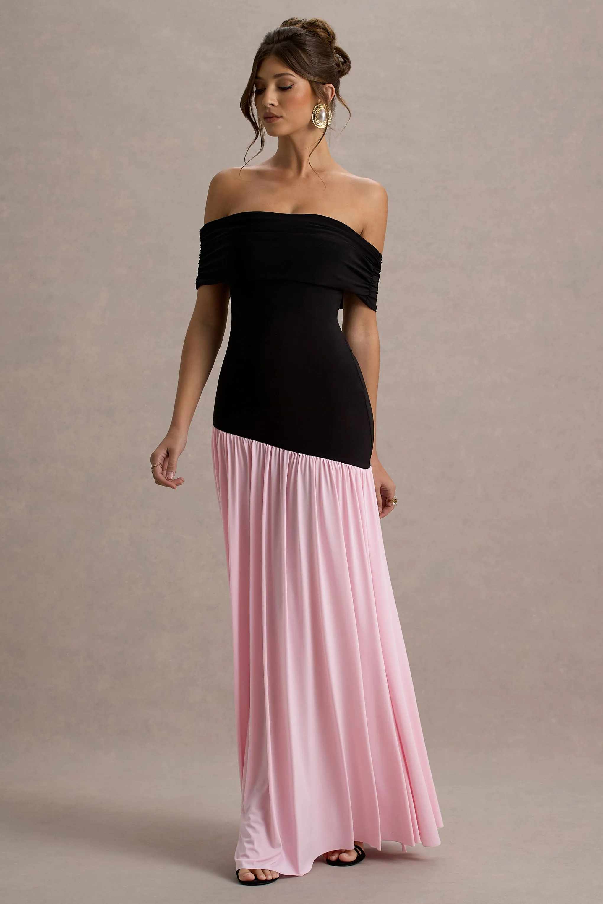 Venezia | Black & Pink Bardot Puff-Skirt Maxi Dress Club L London