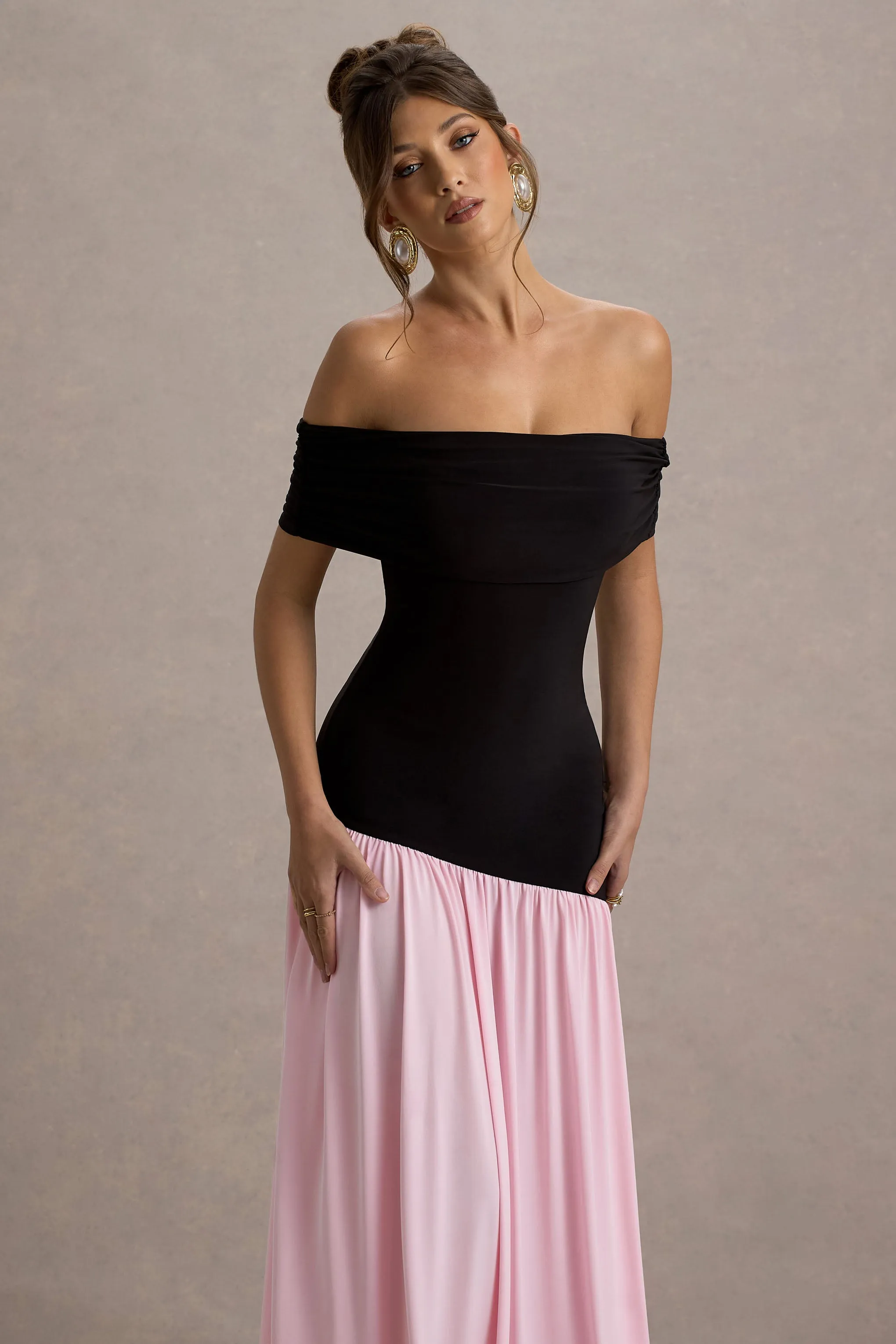 Venezia | Black & Pink Bardot Puff-Skirt Maxi Dress Club L London