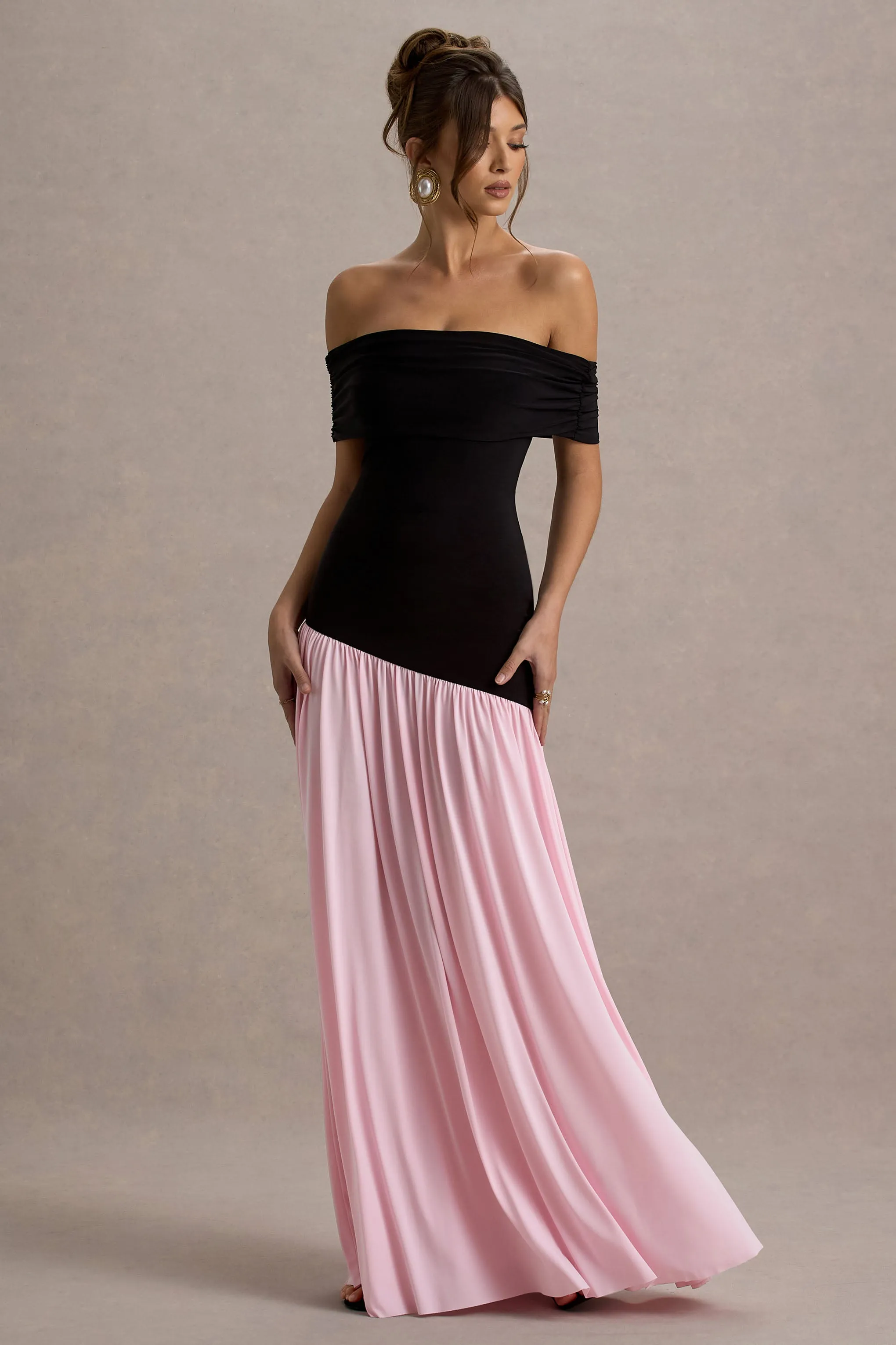 Venezia | Black & Pink Bardot Puff-Skirt Maxi Dress Club L London