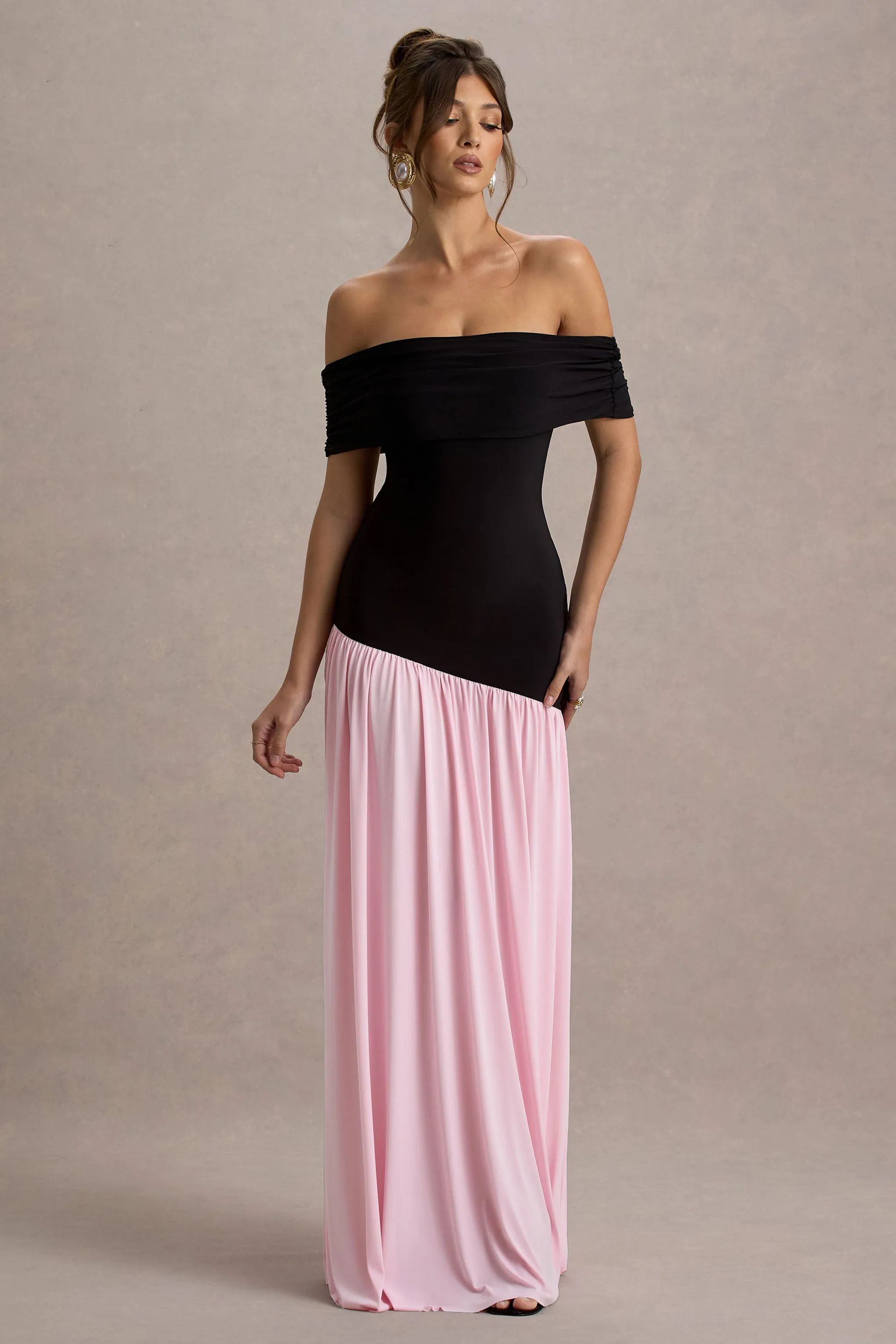 Venezia | Black & Pink Bardot Puff-Skirt Maxi Dress Club L London