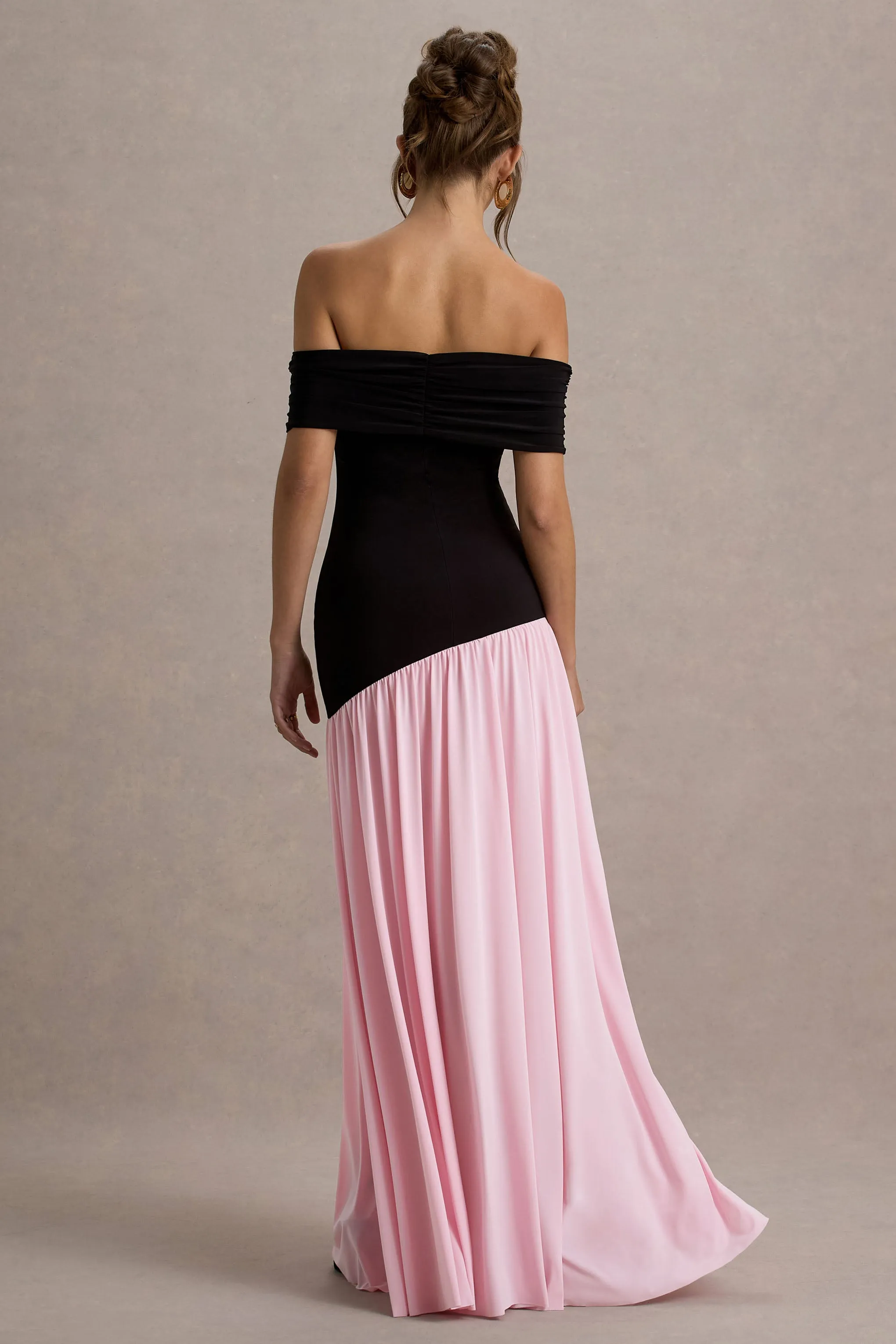 Venezia | Black & Pink Bardot Puff-Skirt Maxi Dress Club L London