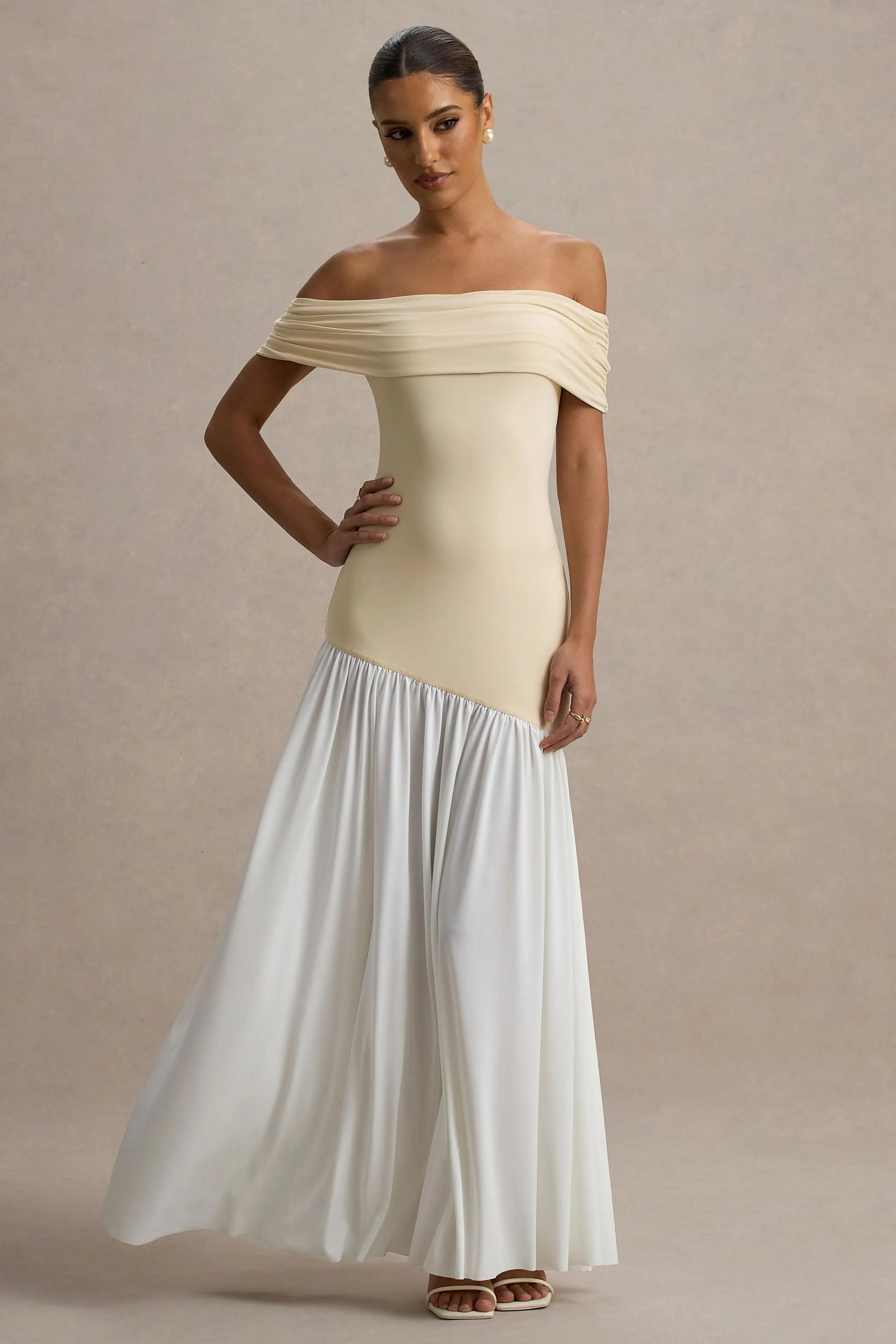 Venezia | Stone & White Bardot Puff-Skirt Maxi Dress Club L London