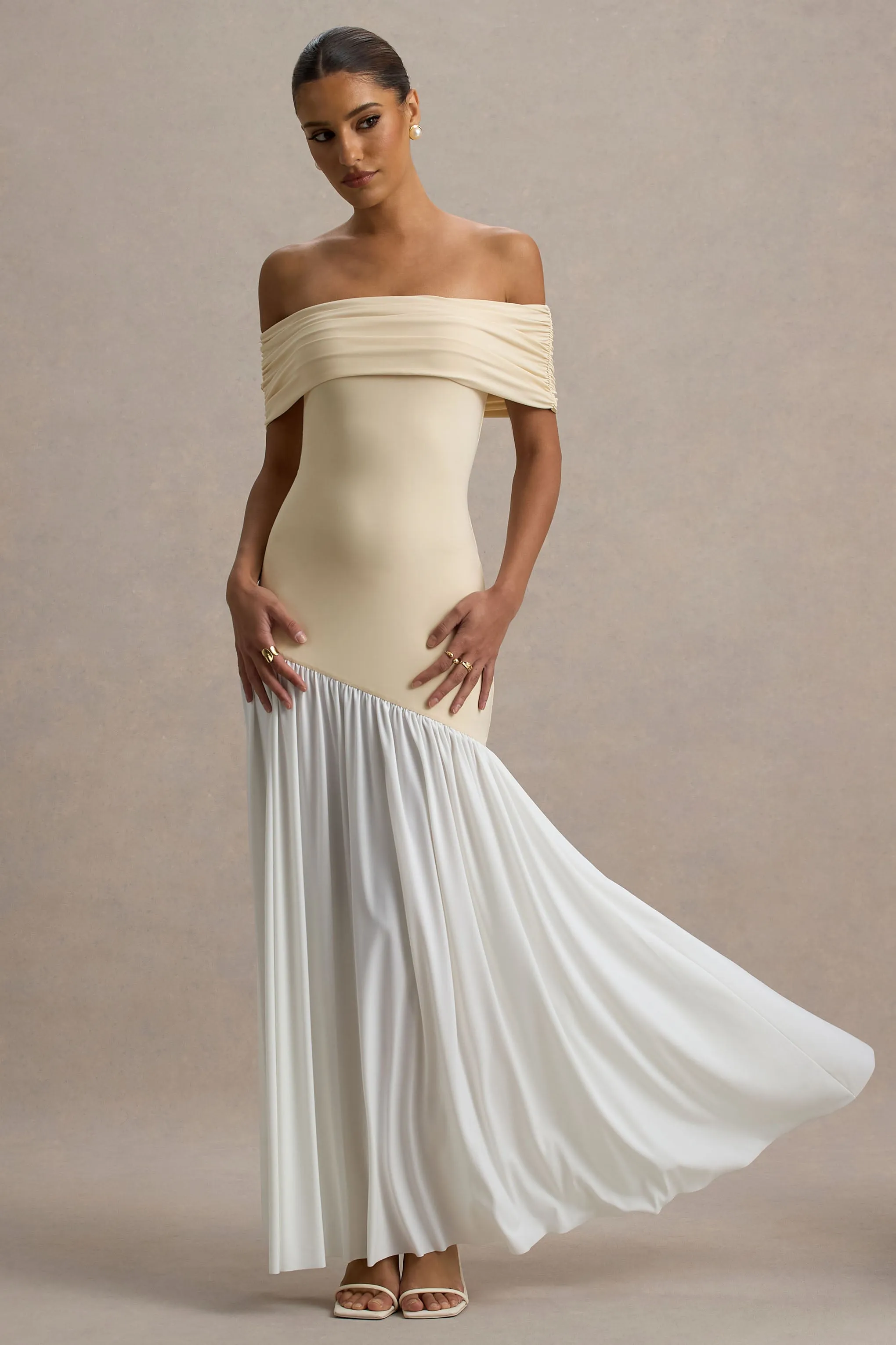 Venezia | Stone & White Bardot Puff-Skirt Maxi Dress Club L London