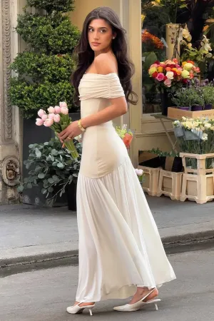 Venezia | Stone & White Bardot Puff-Skirt Maxi Dress Club L London
