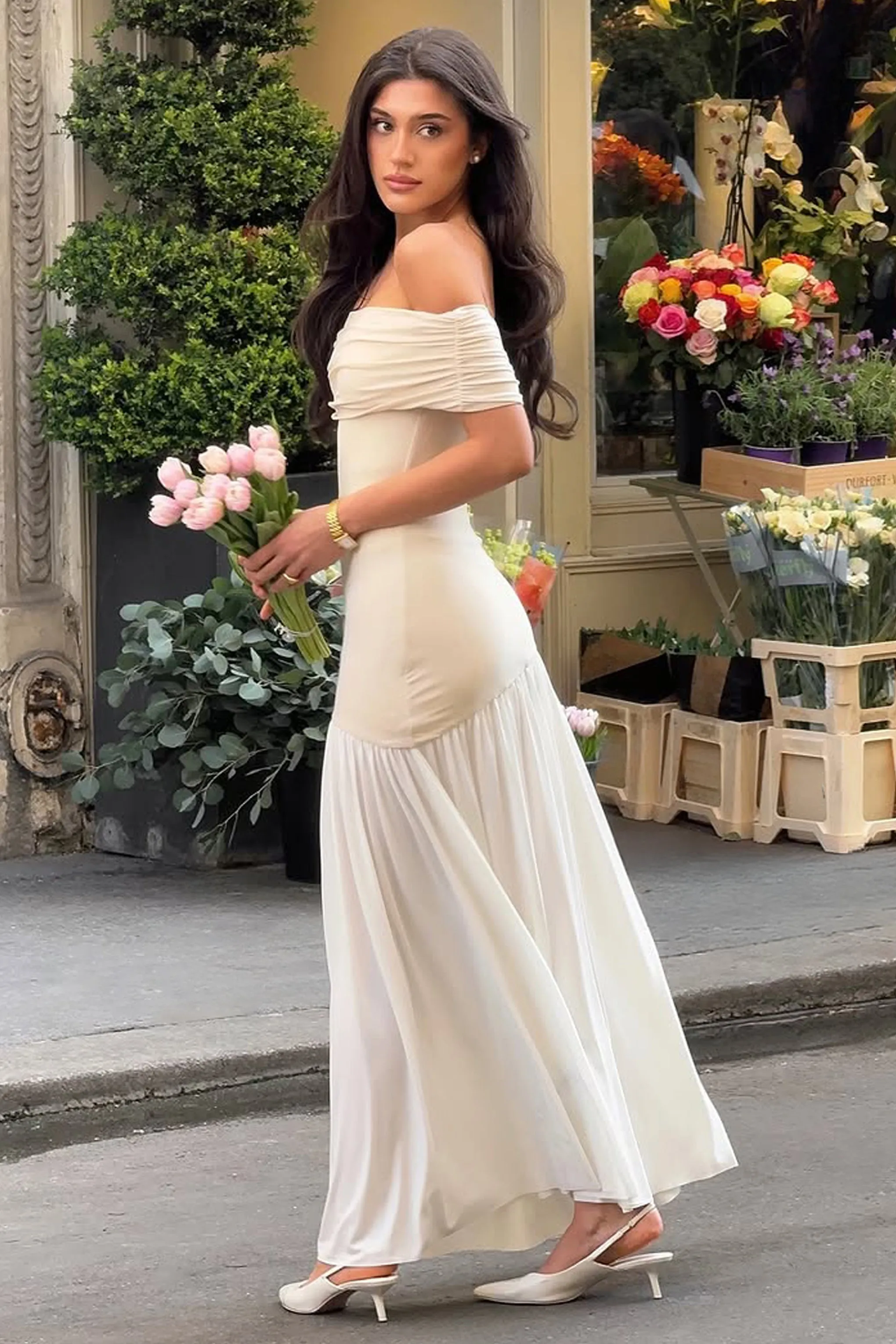 Venezia | Stone & White Bardot Puff-Skirt Maxi Dress Club L London