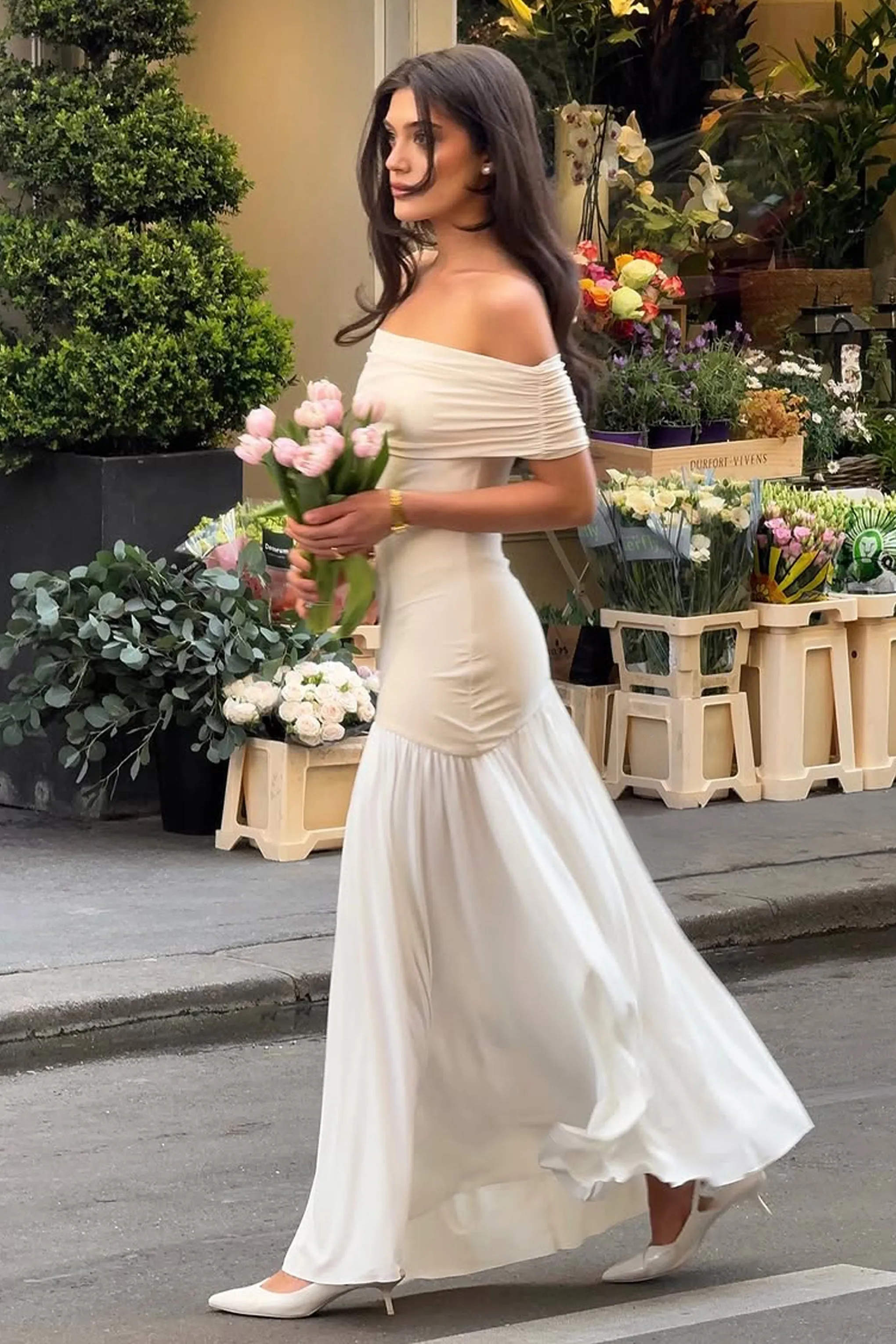 Venezia | Stone & White Bardot Puff-Skirt Maxi Dress Club L London