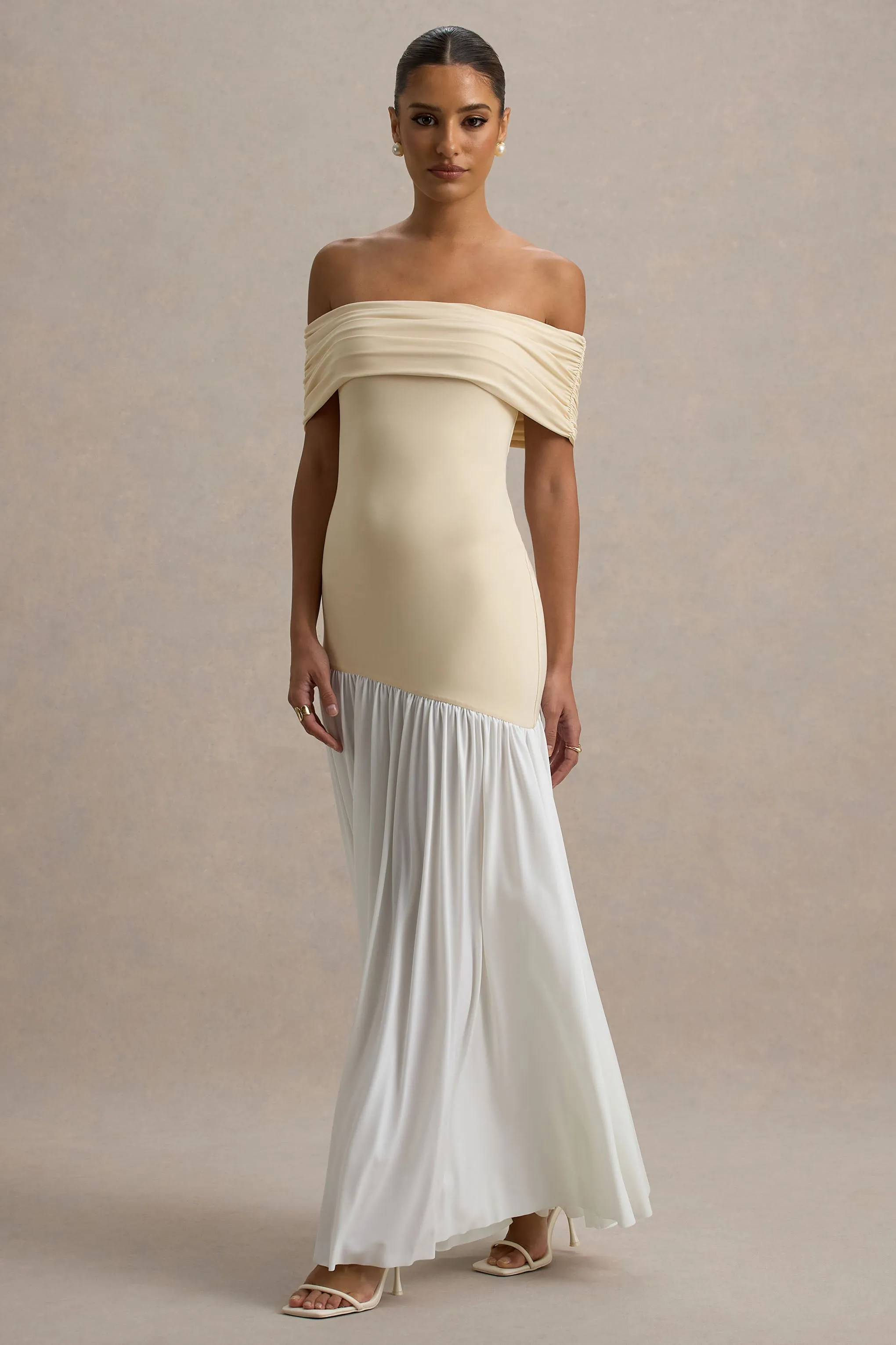 Venezia | Stone & White Bardot Puff-Skirt Maxi Dress Club L London