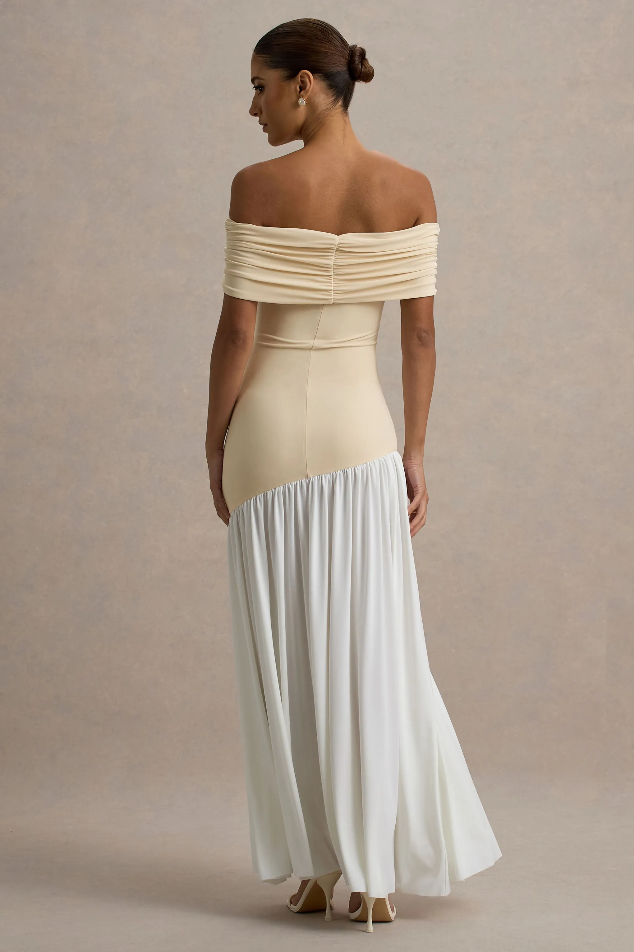 Venezia | Stone & White Bardot Puff-Skirt Maxi Dress Club L London