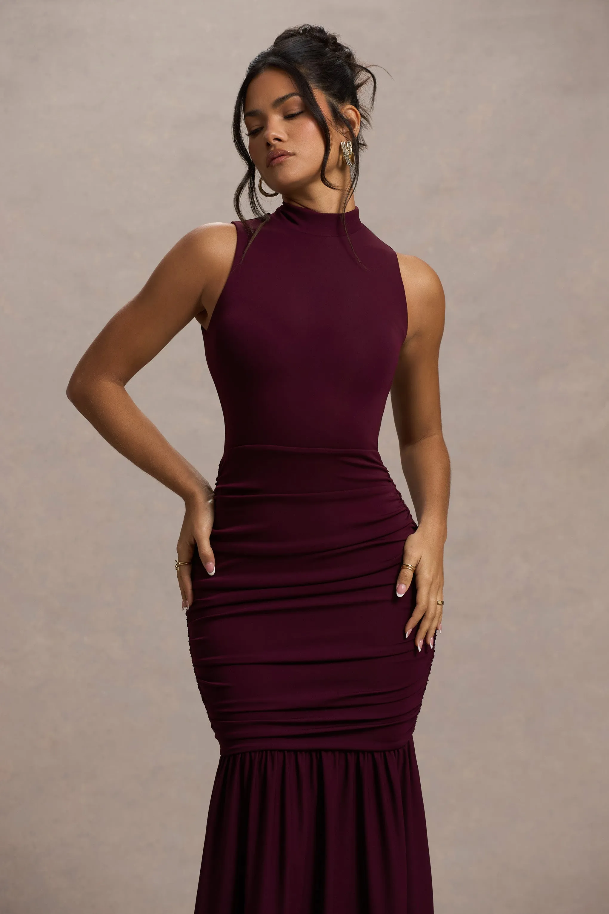 Verano | Plum High-Neck Tiered Maxi Dress Club L London
