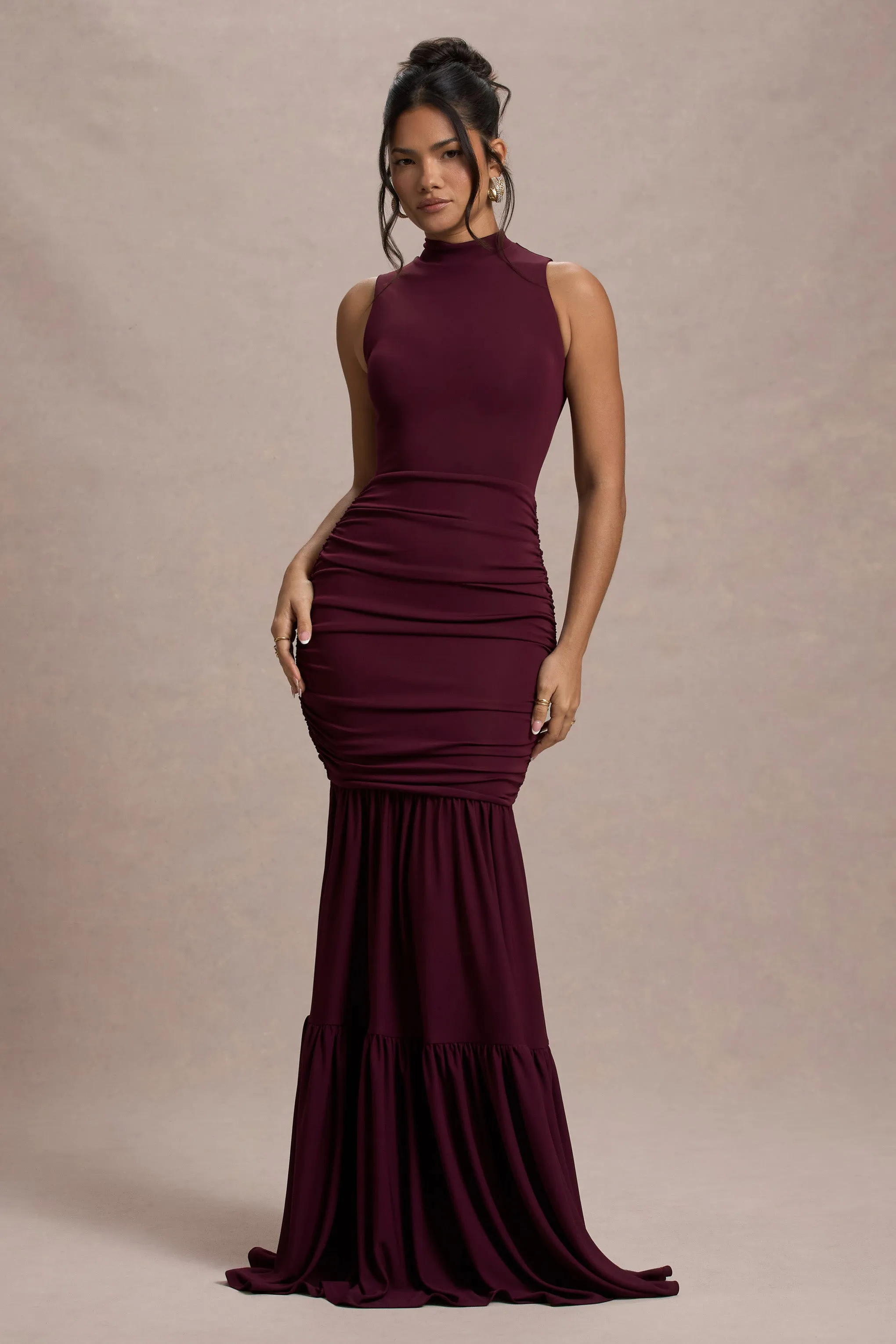 Verano | Plum High-Neck Tiered Maxi Dress Club L London