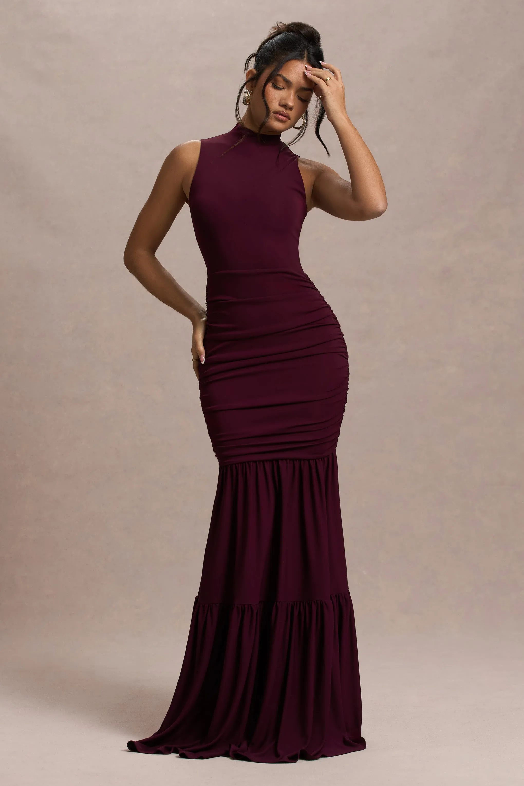 Verano | Plum High-Neck Tiered Maxi Dress Club L London