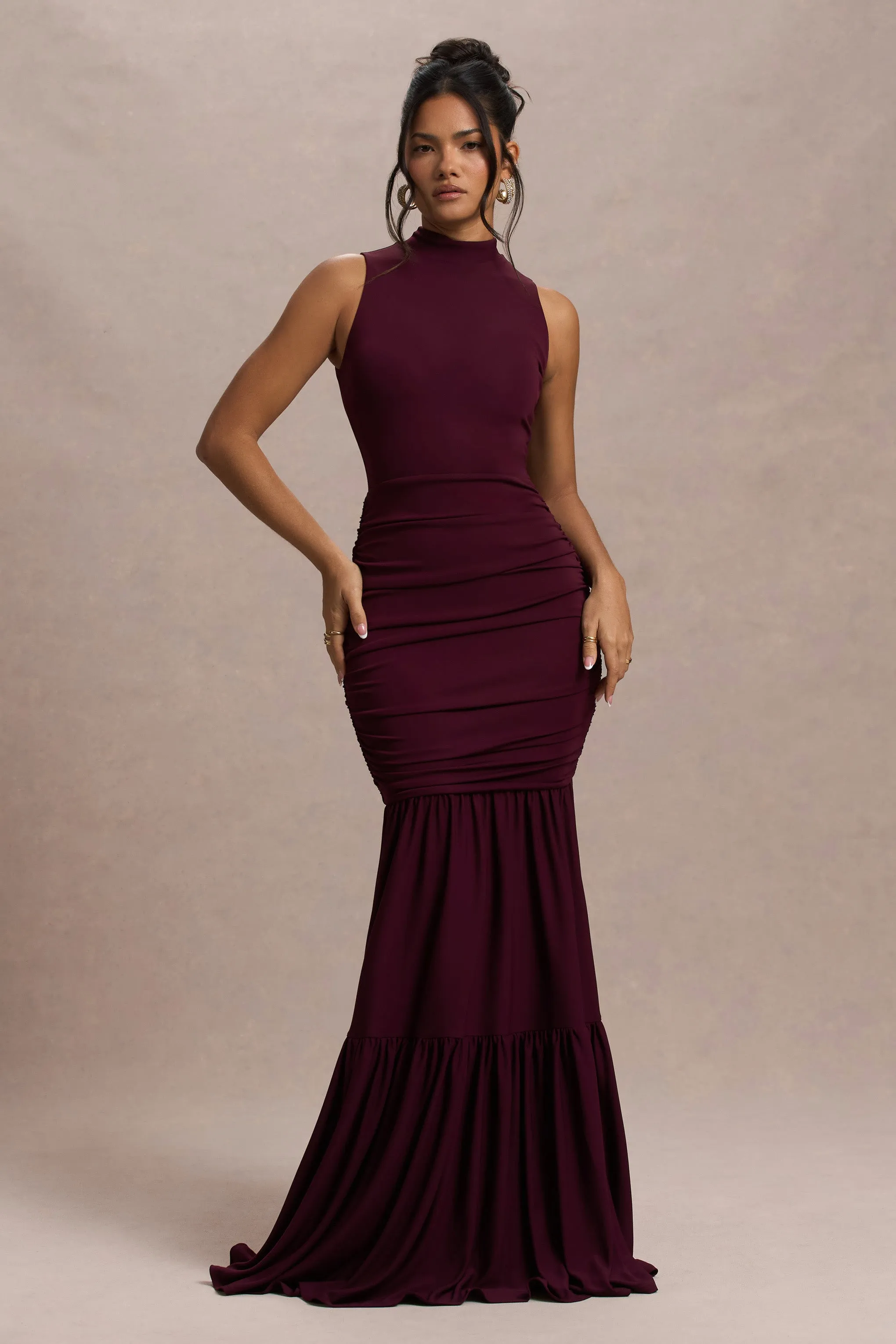 Verano | Plum High-Neck Tiered Maxi Dress Club L London