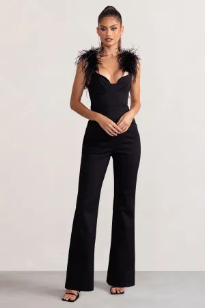 Verity | Black Feather Shoulder Corset Style Jumpsuit Club L London