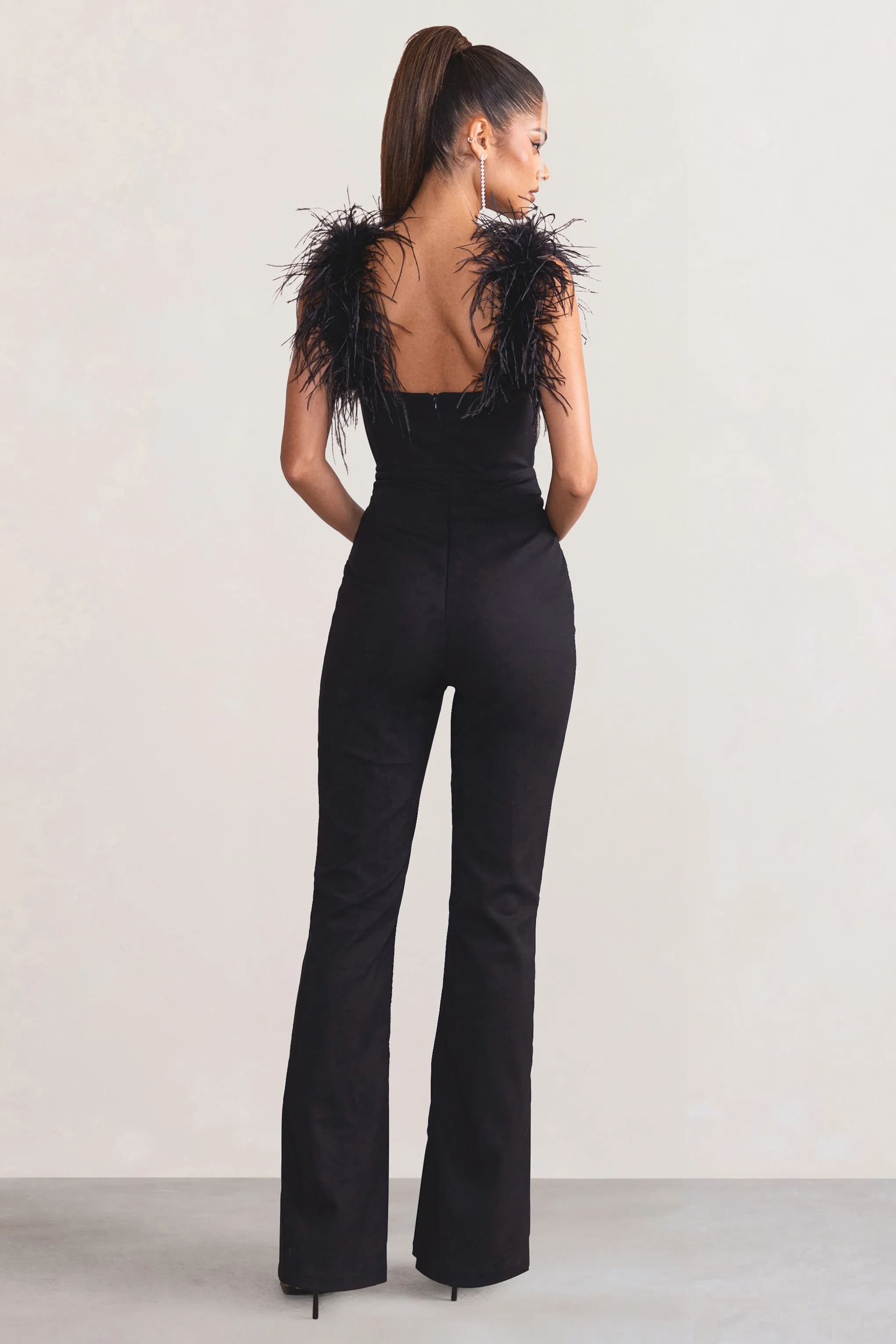 Verity | Black Feather Shoulder Corset Style Jumpsuit Club L London
