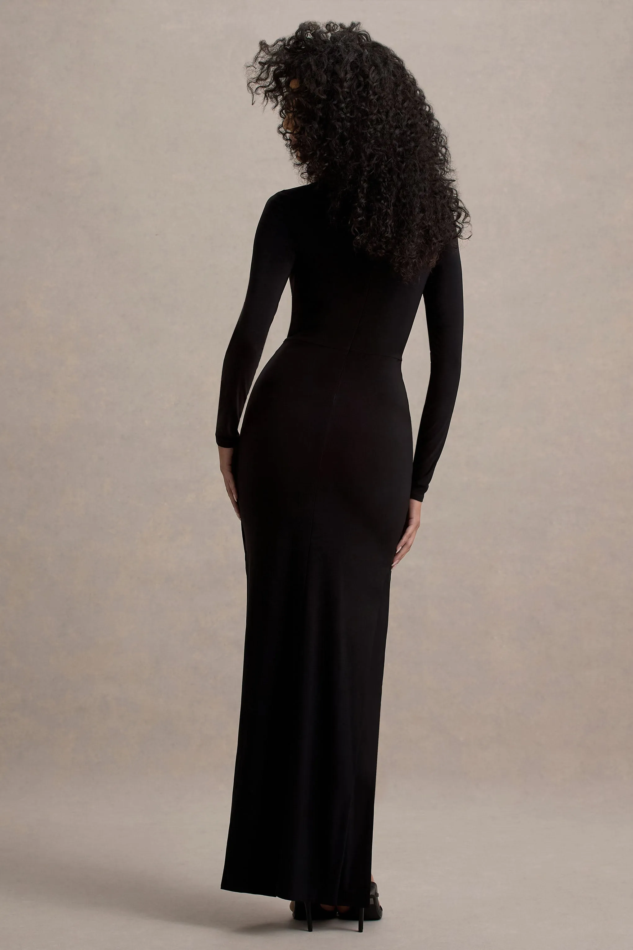 Victoria | Black Long-Sleeve Maxi Dress With Wrap Skirt Club L London