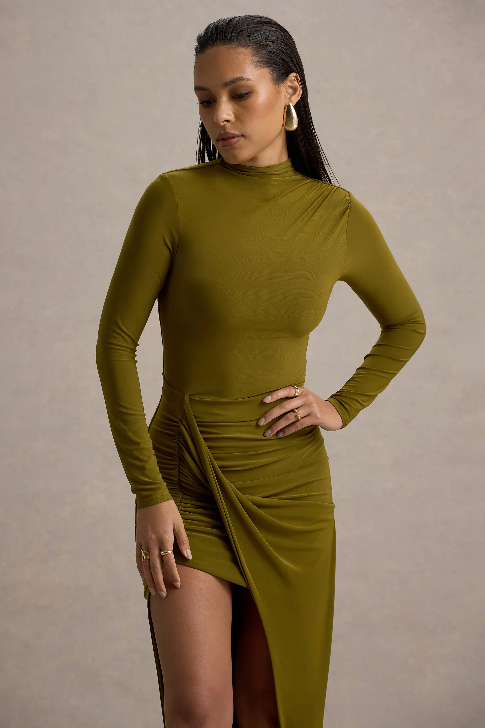 Victoria | Green Long-Sleeve Maxi Dress With Wrap Skirt Club L London