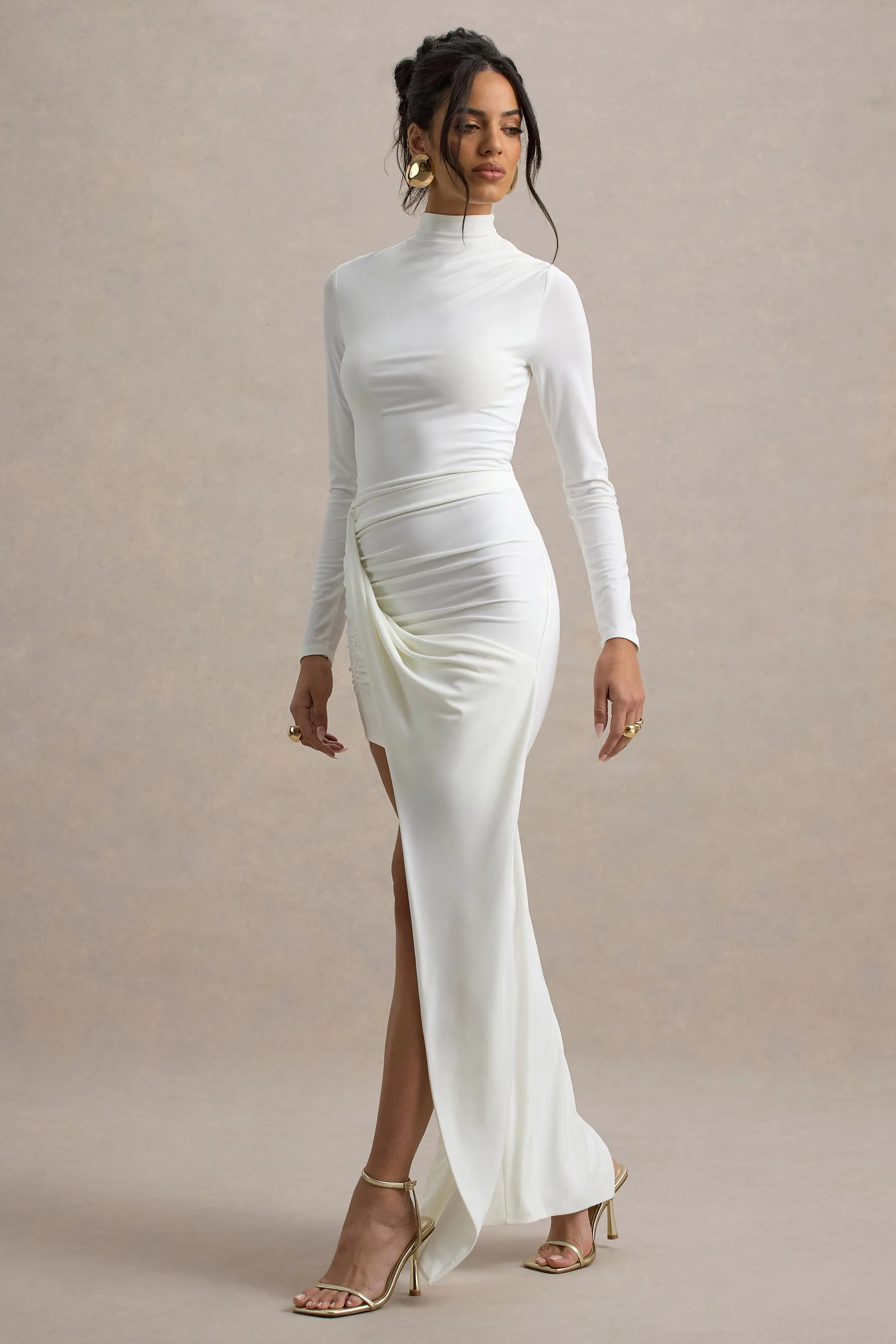 Victoria | White Long-Sleeve Maxi Dress With Wrap Skirt Club L London