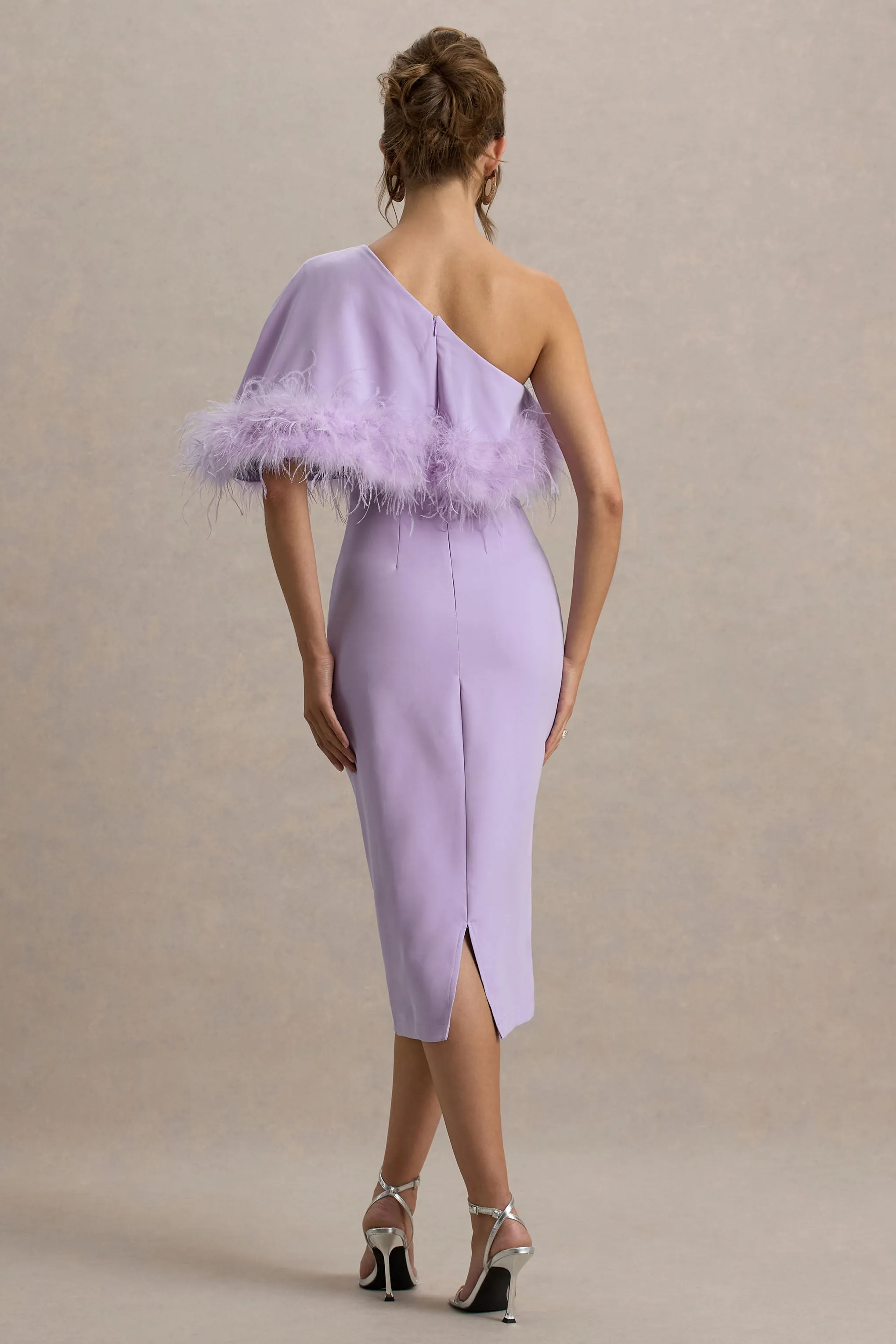 Victory | Lilac One Shoulder Midi Dress With Feather Trim Club L London