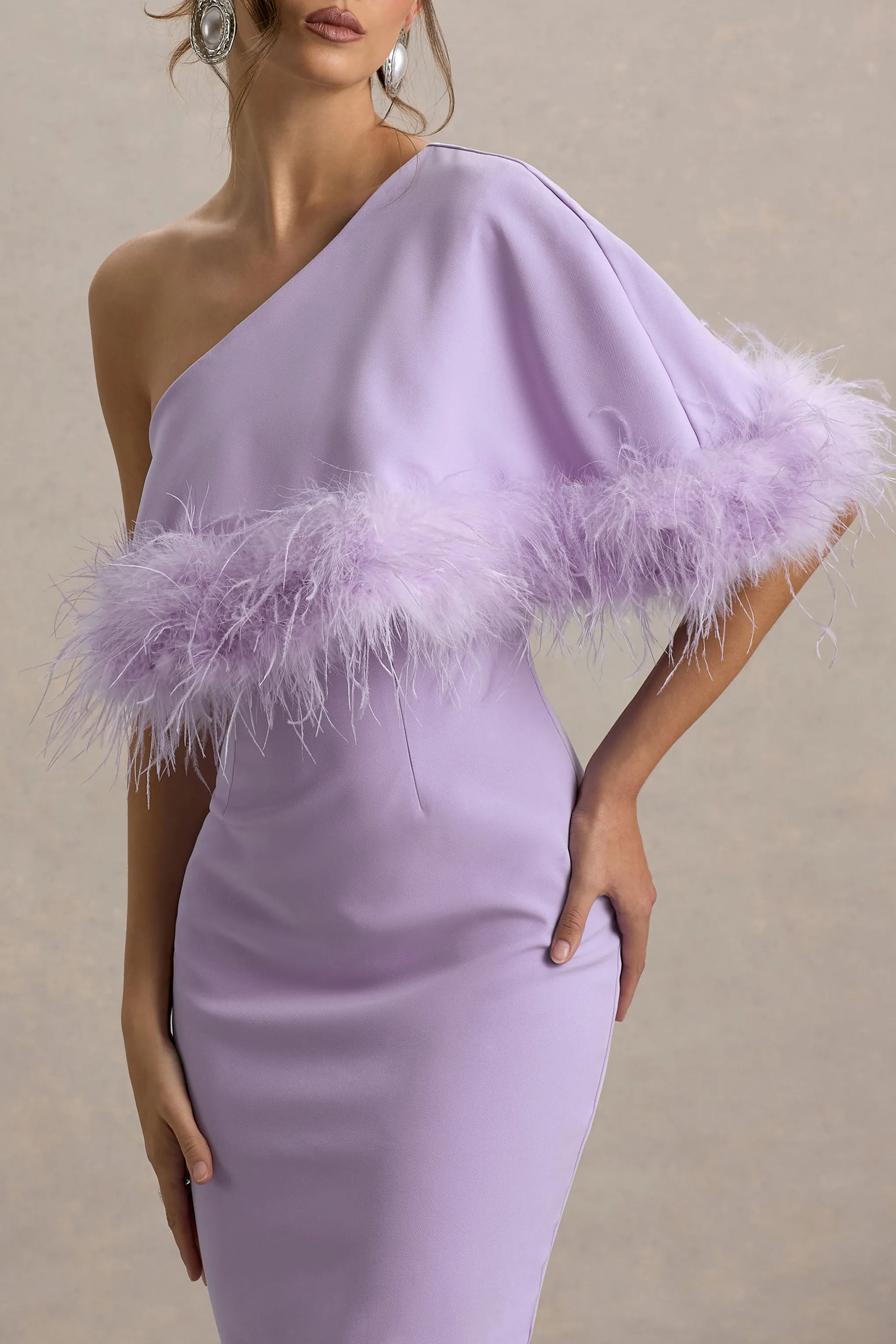 Victory | Lilac One Shoulder Midi Dress With Feather Trim Club L London