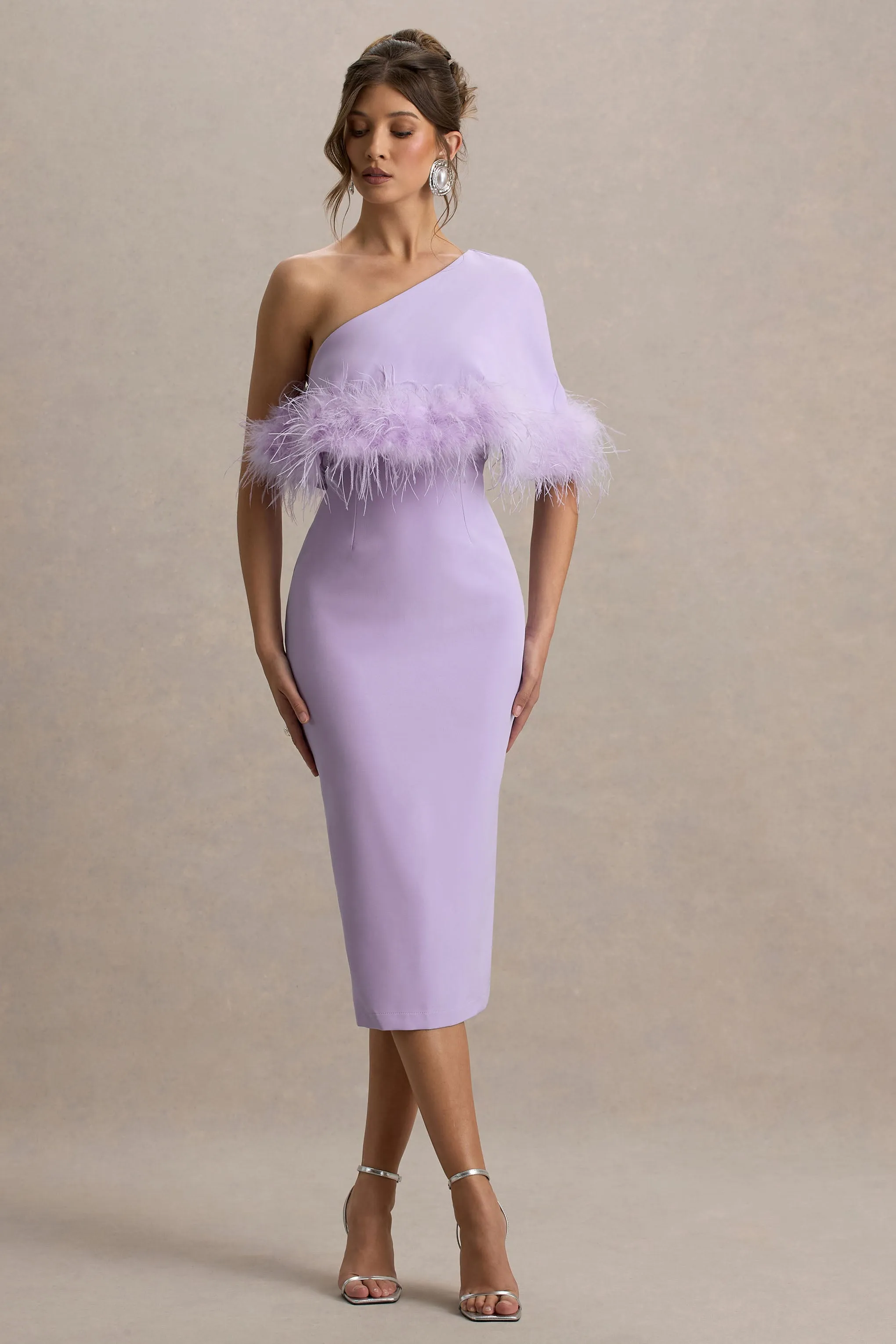 Victory | Lilac One Shoulder Midi Dress With Feather Trim Club L London