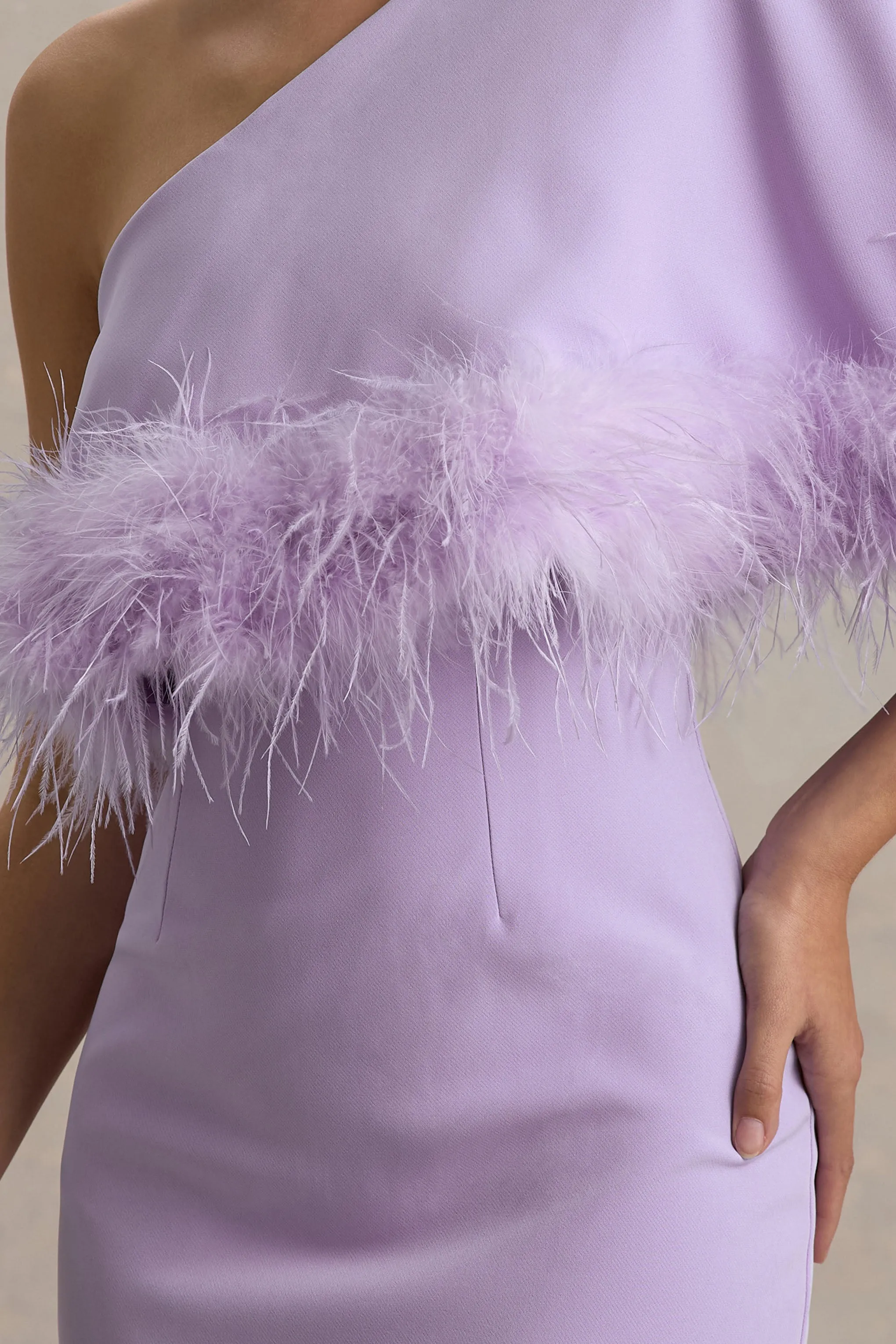 Victory | Lilac One Shoulder Midi Dress With Feather Trim Club L London