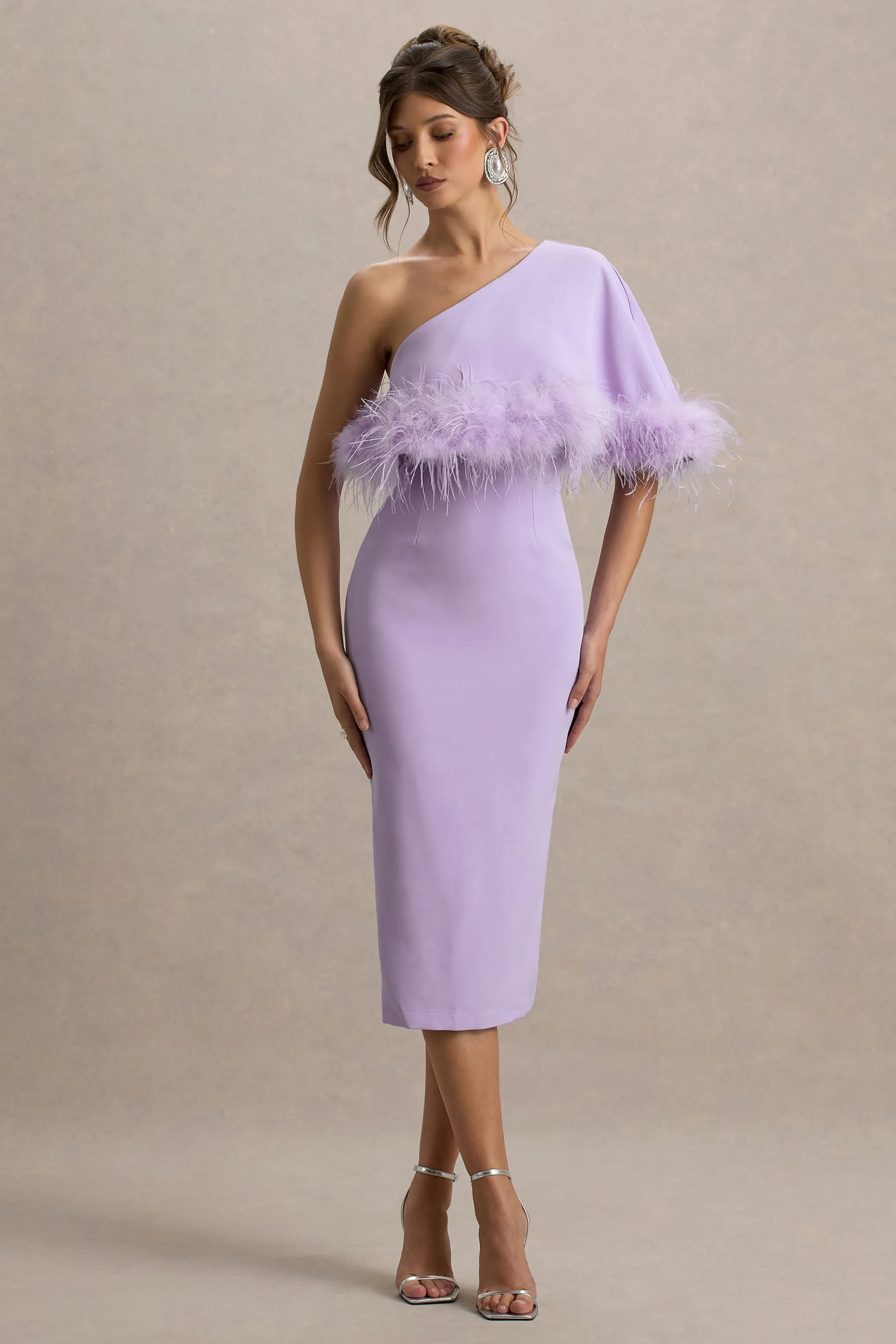 Victory | Lilac One Shoulder Midi Dress With Feather Trim Club L London