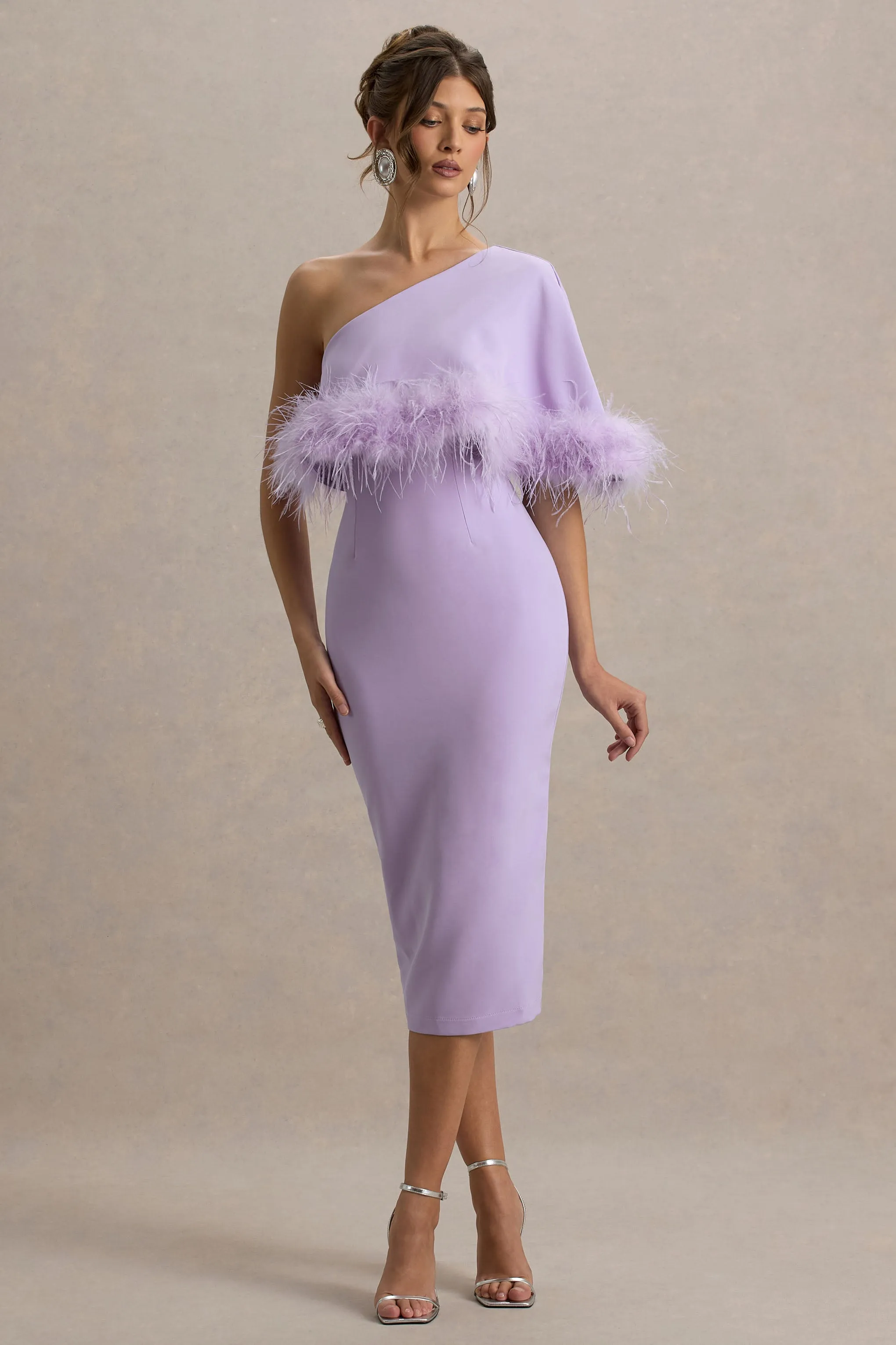 Victory | Lilac One Shoulder Midi Dress With Feather Trim Club L London