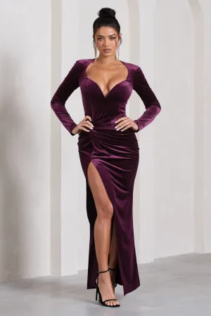 Vin Chaud | Dark Purple Velvet Long-Sleeved Split Maxi Dress Club L London