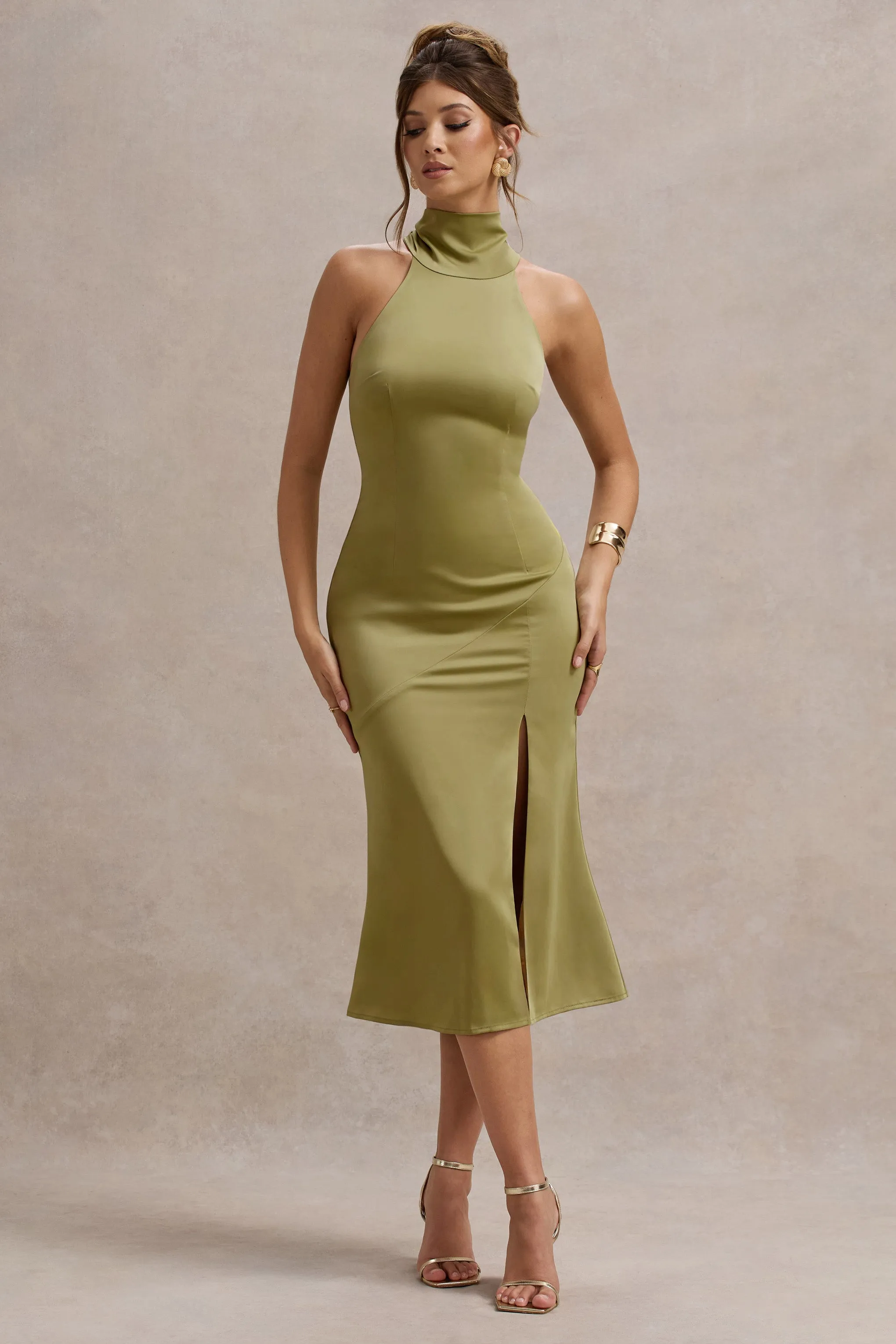 Violette | Olive Satin High-Neck Split Midi Dress Club L London